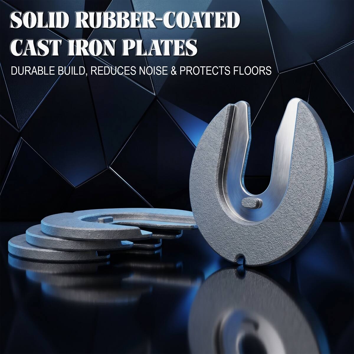 SOLID RUBBER-COATED CAST IRON PLATES  
DURABLE BUILD, REDUCES NOISE & PROTECTS FLOORS