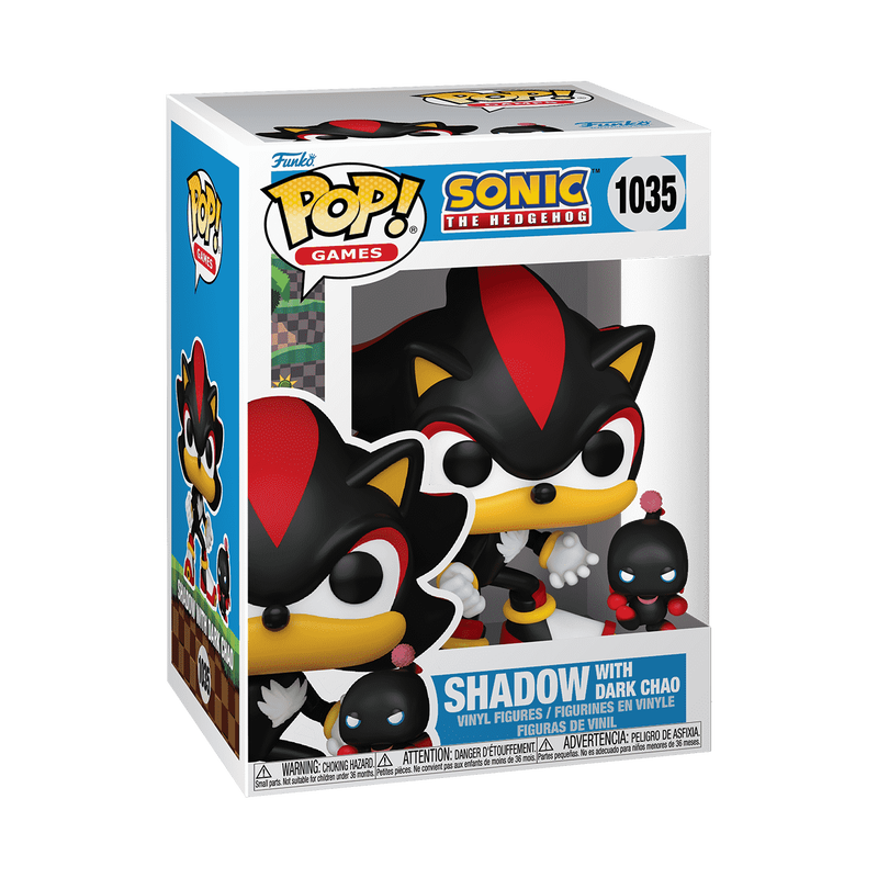 Sure, here is the corrected and grouped text from the image:

---

**Top Left:**
- Funko
- POP! GAMES

**Top Center:**
- SONIC THE HEDGEHOG
- 1035

**Center:**
- SHADOW WITH DARK CHAO
- VINYL FIGURES / FIGURINES EN VINYLE / FIGURAS DE VINIL

**Bottom Left:**
- WARNING: CHOKING HAZARD - Small parts. Not for children under 3 years.
- ATTENTION: PELIGRO DE ASFIXIA - Piezas pequeñas. No es para niños menores de 3 años.
- ADVERTENCIA: DANGER - Petite pièce. Ne convient pas aux enfants de moins de 3 ans.

**Bottom Center:**
- WARNING: CHOKING HAZARD - Small parts. Not for children under 3 years.
- ATTENTION: PELIGRO DE ASFIXIA - Piezas pequeñas. No es para niños menores de 3 años.
- ADVERTENCIA: DANGER - Petite pièce. Ne convient pas aux enfants de moins de 3 ans.

**Bottom Right:**
- (Icon) DANGER DE TOUFF