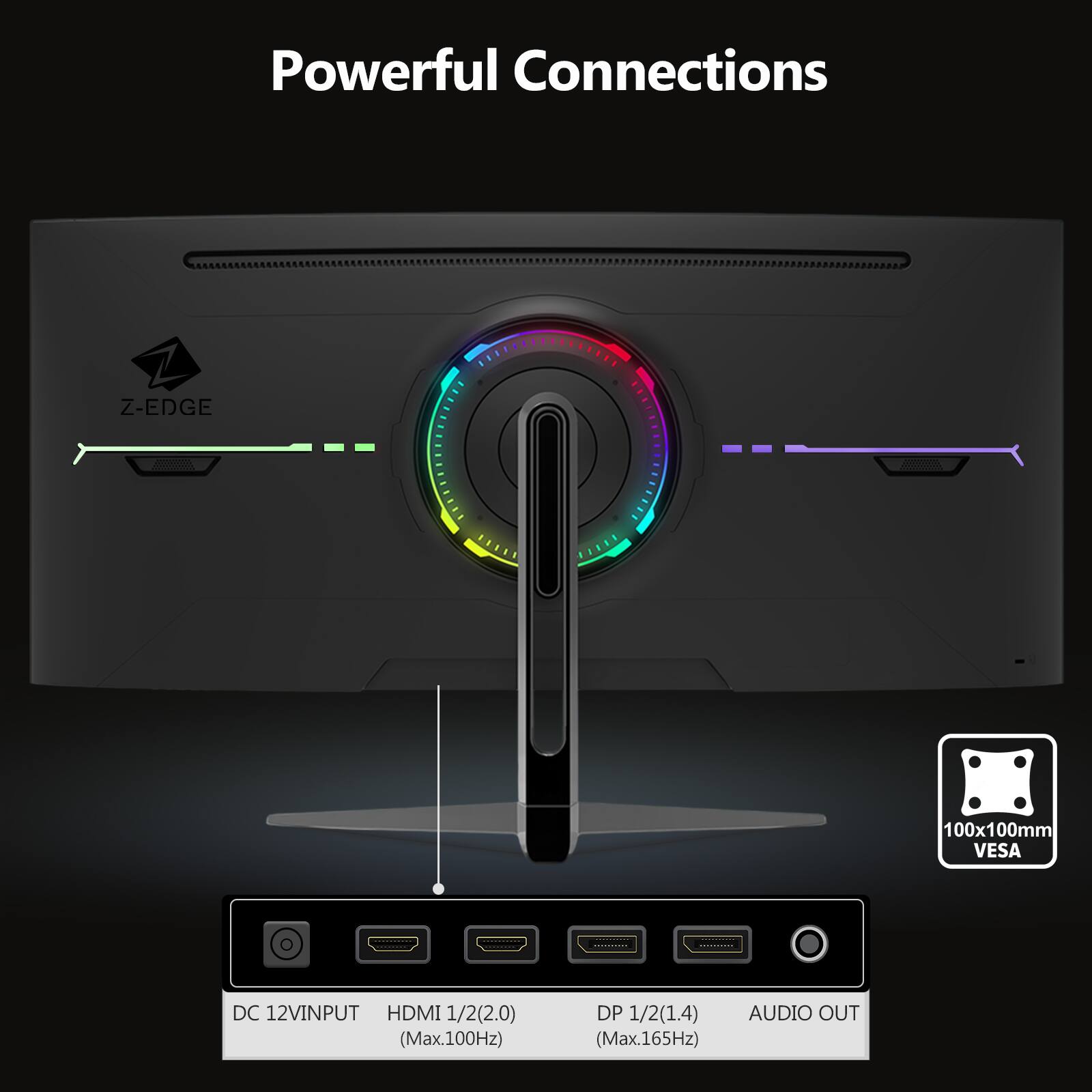Powerful Connections

Z-EDGE

100x100mm VESA

DC 12V INPUT

HDMI 1/2 (2.0) (Max. 100Hz)

DP 1/2 (1.4) (Max. 165Hz)

AUDIO OUT