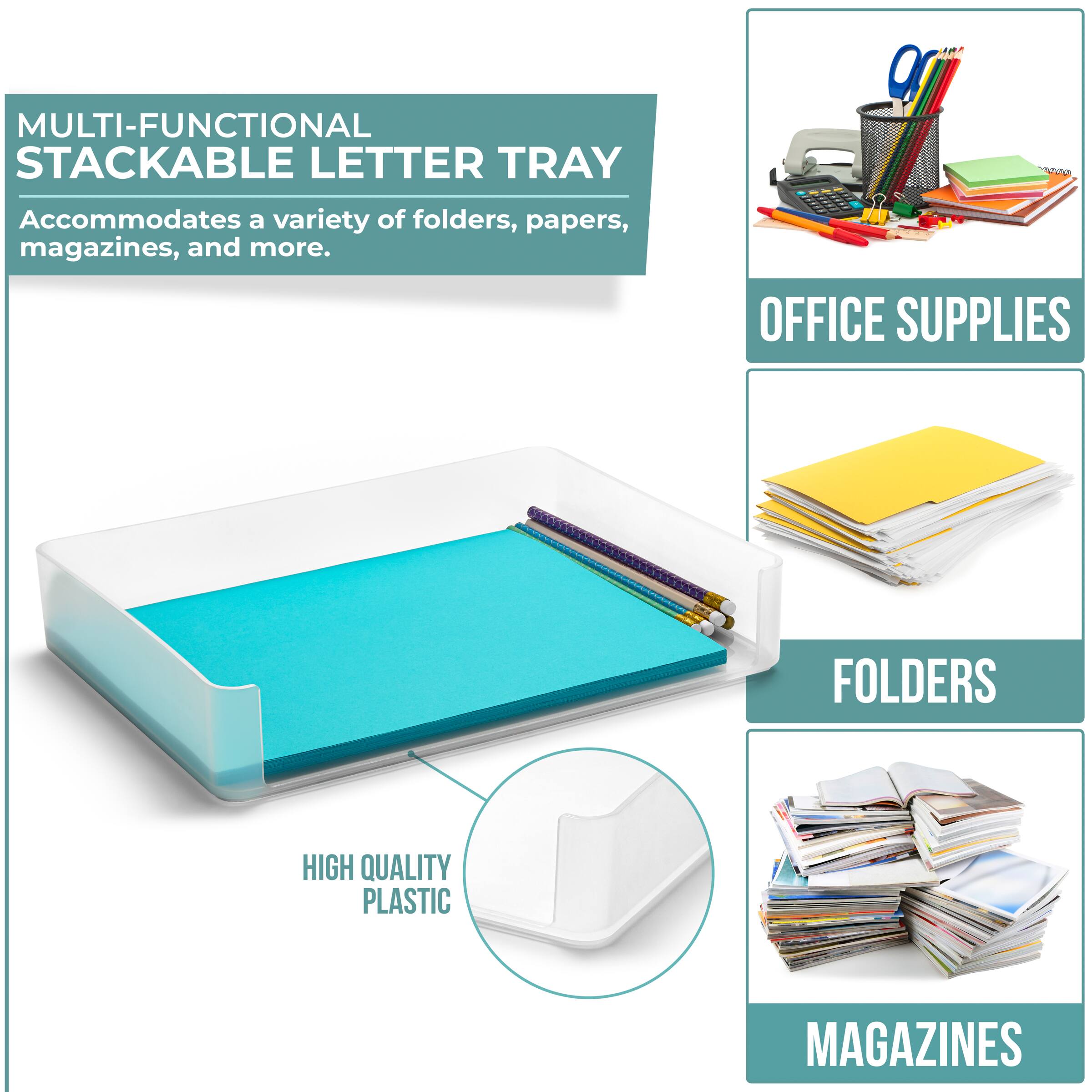 MULTI-FUNCTIONAL STACKABLE LETTER TRAY  
Accommodates a variety of folders, papers, magazines, and more.

HIGH QUALITY PLASTIC

OFFICE SUPPLIES

FOLDERS

MAGAZINES