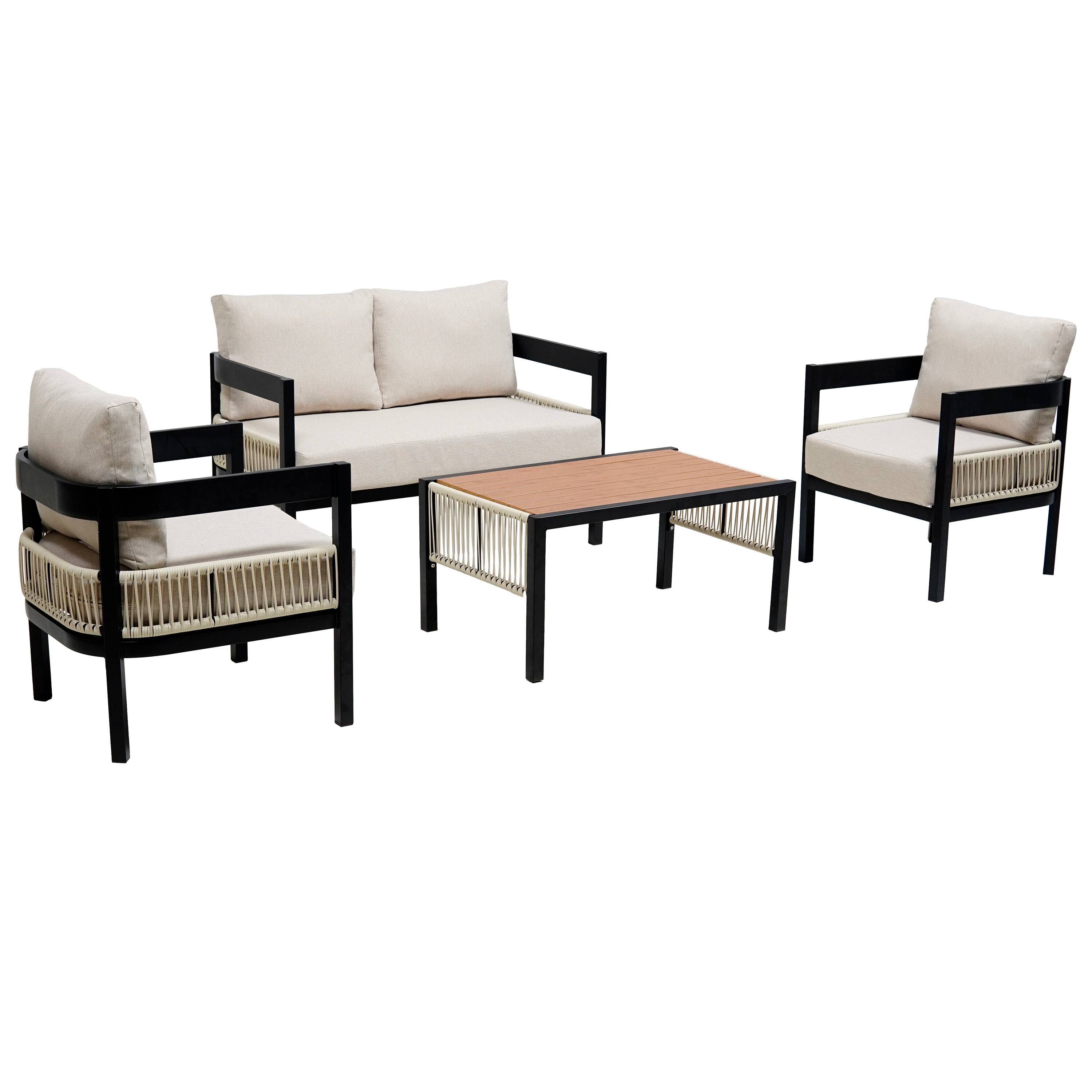 Back. Mondawe - Outdoor Iron Sofa Set with A table, Rattan Decoration - Beige.