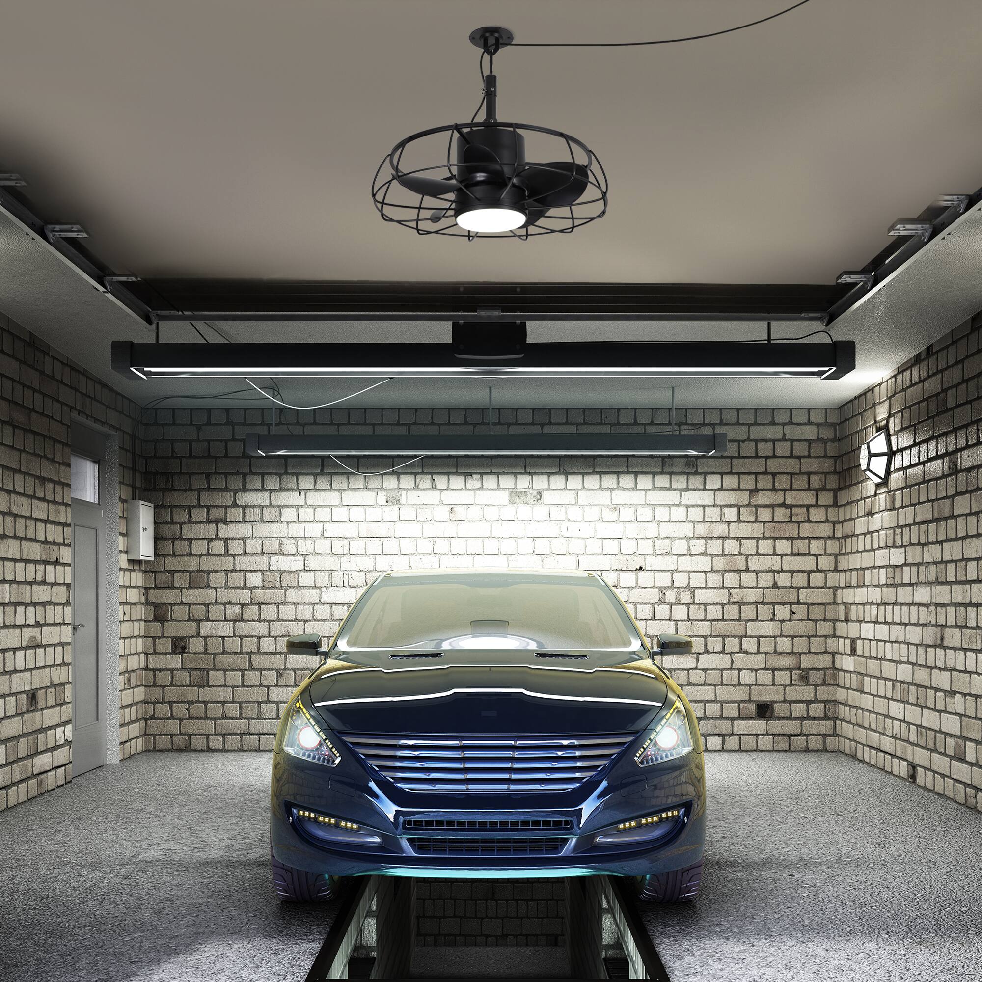 Alt View 2. Parrot Uncle - 20" Industrial Black Wet Hook Outdoor Caged Ceiling Fan with Light and Remote - Black.