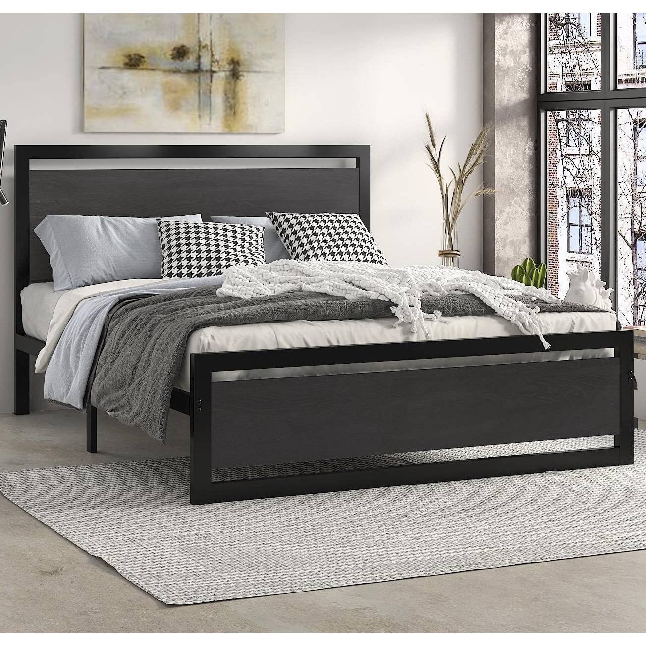Back. Hivvago - Hivvago Queen Size Metal Platform Bed Frame with Wood Panel Headboard and Footboard - Black.