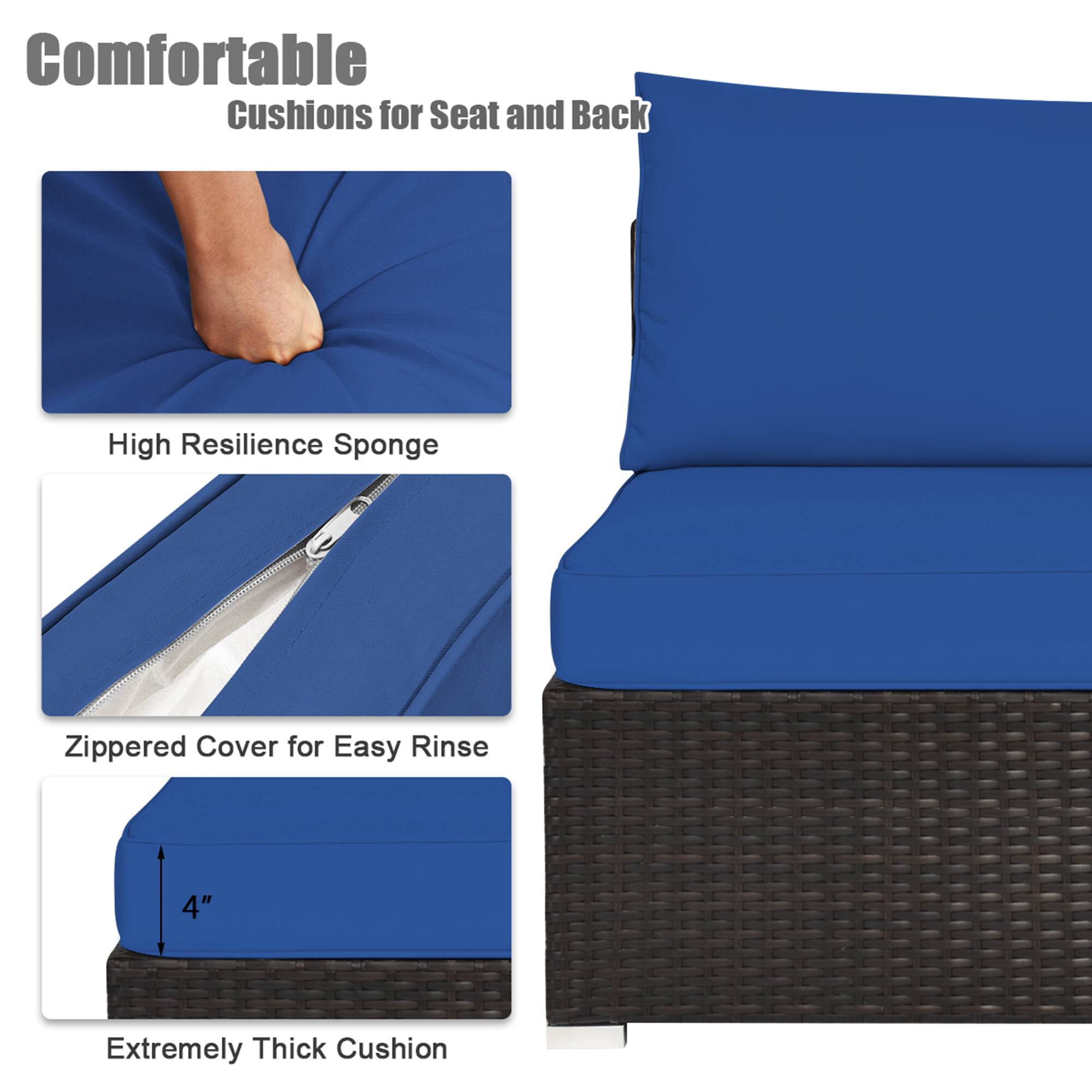 Comfortable Cushions for Seat and Back

- High Resilience Sponge
- Zippered Cover for Easy Rinse
- Extremely Thick Cushion (4")