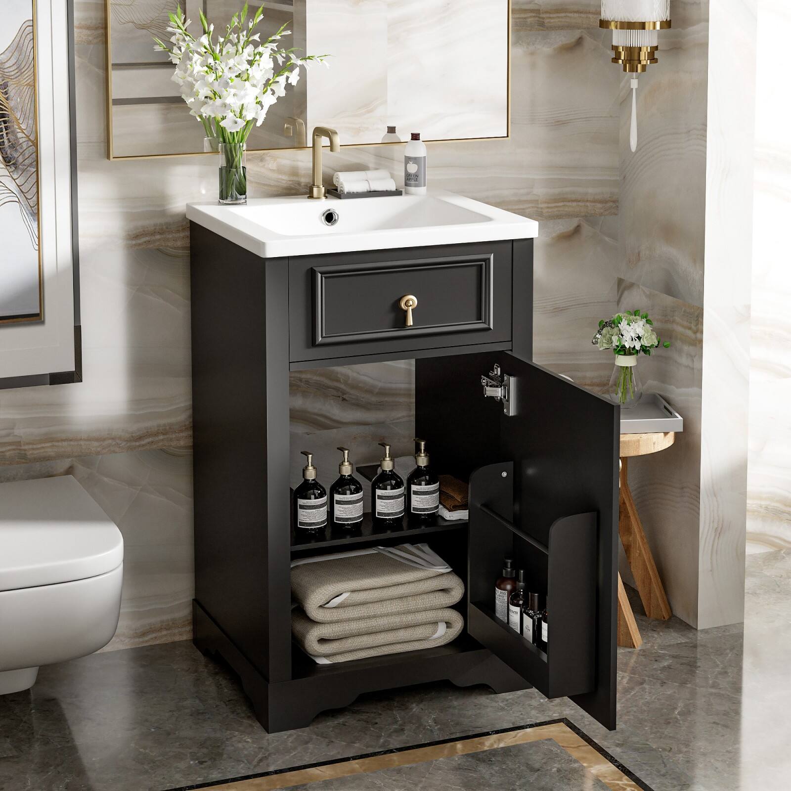 Alt View 1. Ecooso - 20" Bathroom Vanity with Ceramic Sink, Adjustable Shelf, Door Rack, Soft-Close Door - Black.