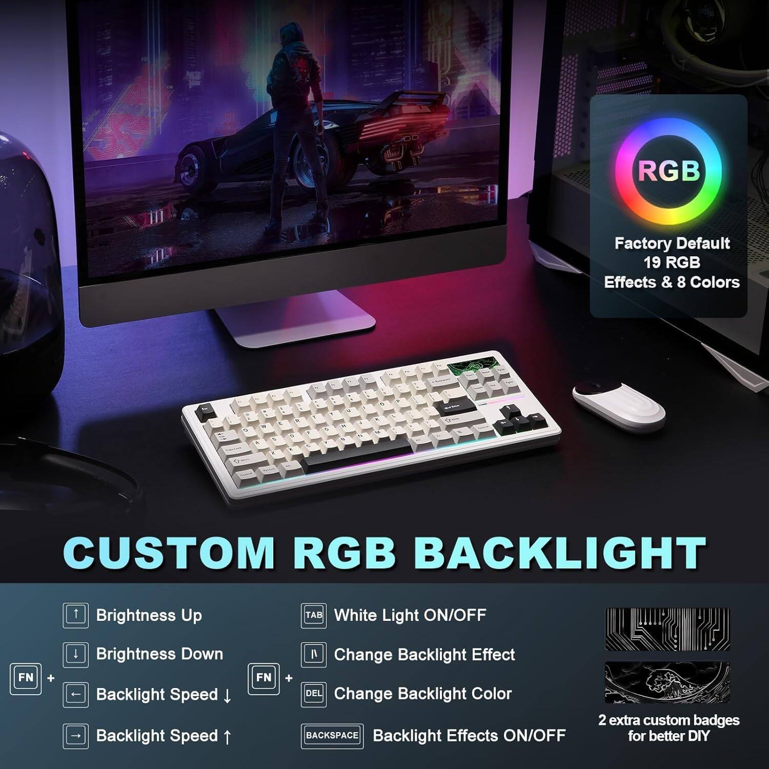 RGB Factory Default 19 RGB Effects & 8 Colors

CUSTOM RGB BACKLIGHT

- Brightness Up: TAB
- Brightness Down: FN + L
- Backlight Speed Down: FN + -
- Backlight Speed Up: FN + =
- Change Backlight Effect: DEL
- Backlight Effects ON/OFF: BACKSPACE
- White Light ON/OFF: FN + A
- Change Backlight Color: 

2 extra custom badges for better DIY
