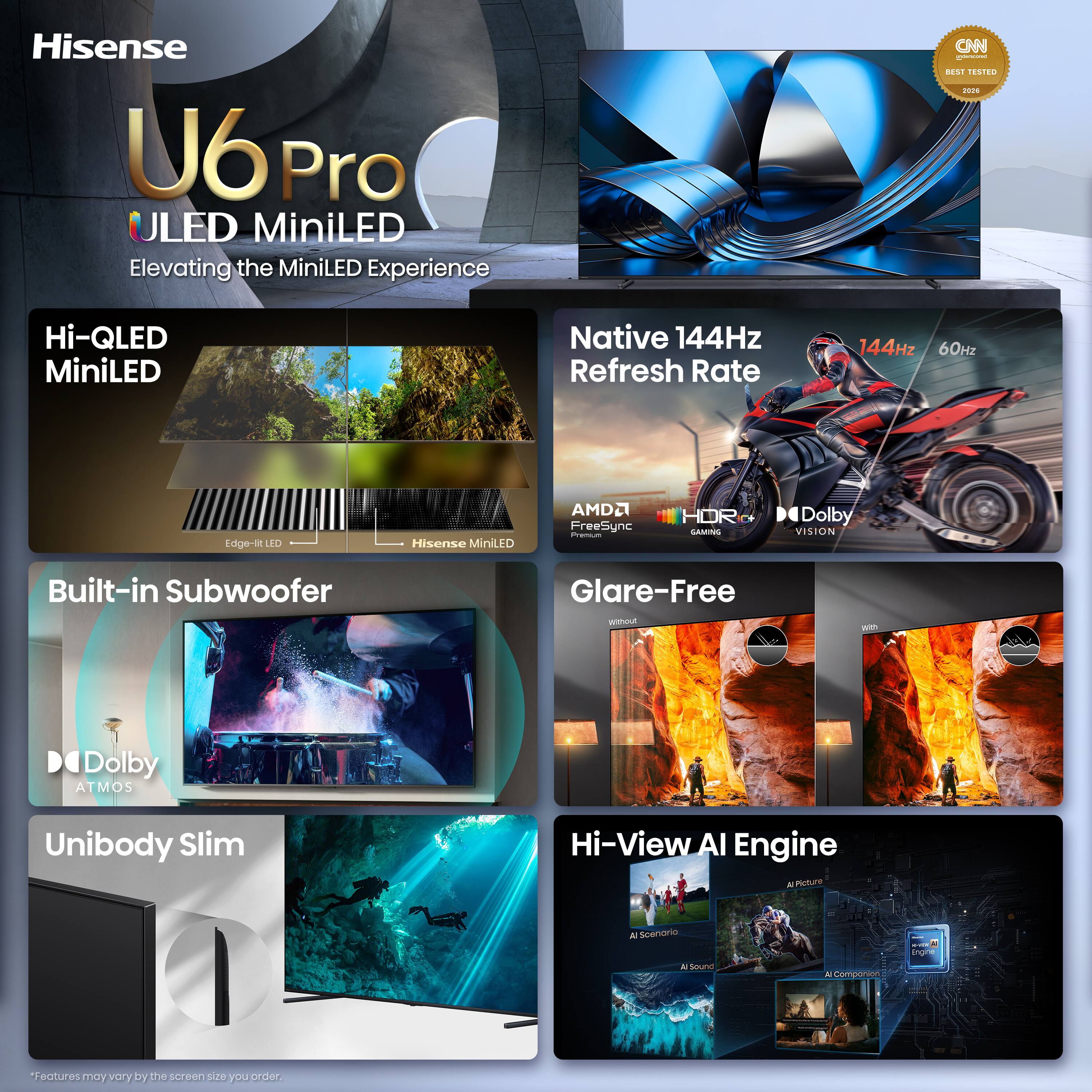Hisense U6 Pro ULED MiniLED  
Elevating the MiniLED Experience

CNN MEMES BEST TESTED 2021

Hi-QLED MiniLED  
Native 144Hz Refresh Rate  
144Hz 60Hz  
Edge-lit LED  
Hisense MiniLED  
AMD FreeSync Premium  
HDR GAMING  
Dolby VISION  
Built-in Subwoofer  
Glare-Free  
Dolby ATMOS  
Unibody Slim  
Hi-View AI Engine  
AI Picture  
AI Scenario  
AI Sound  
A Companion Engine  

*Features may vary by the screen size you order.