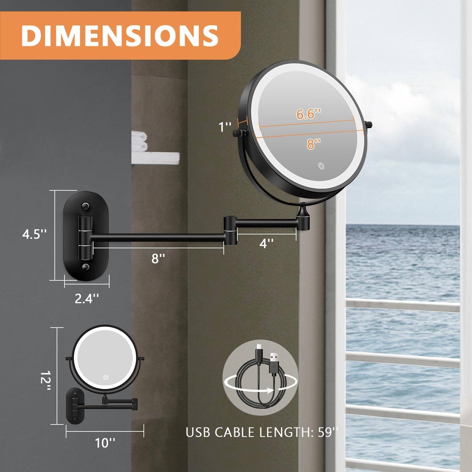 DIMENSIONS

- 1" x 6.6" x 8"
- 4.5" x 8" x 4"
- 2.4" x 12" x 10"

USB CABLE LENGTH: 59"