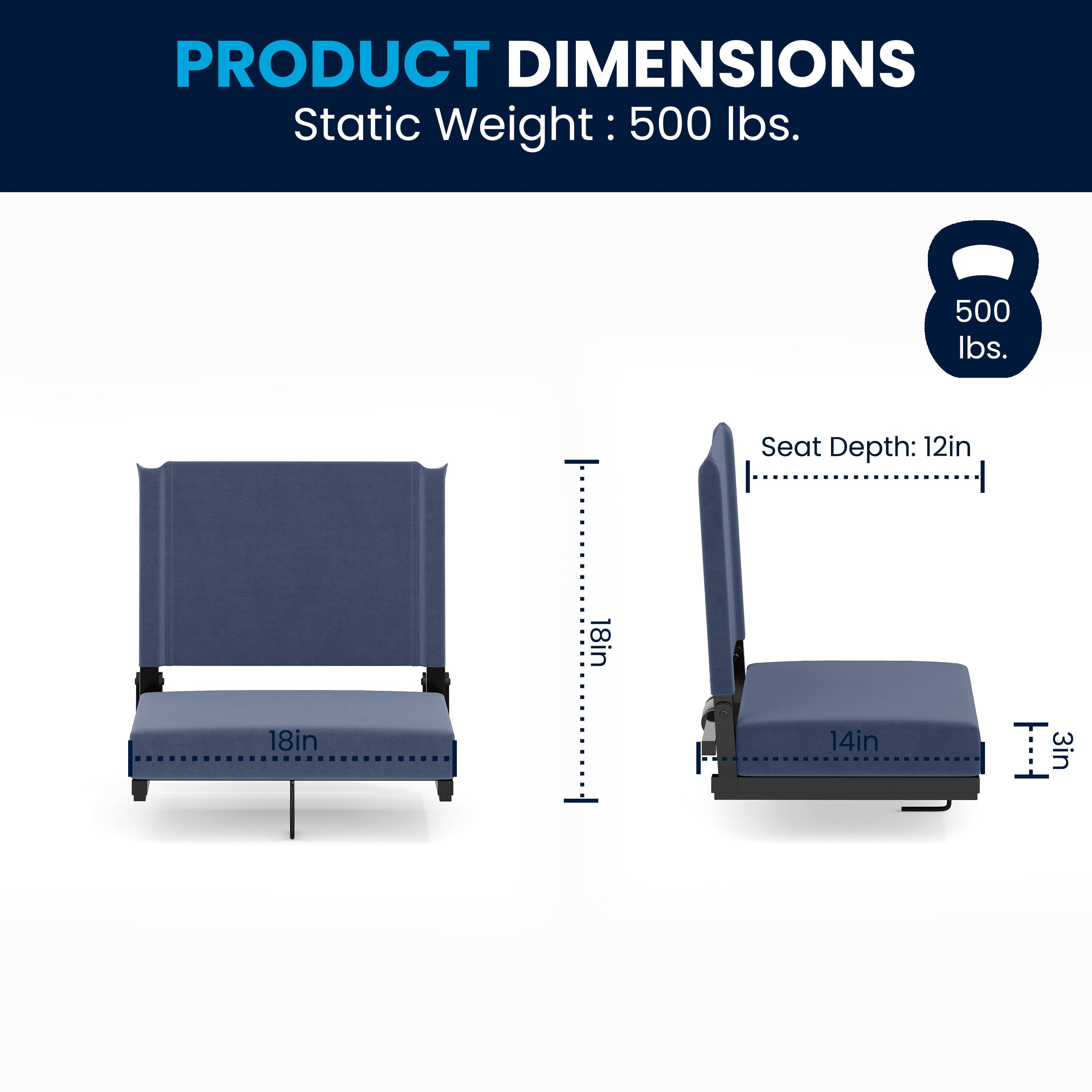 PRODUCT DIMENSIONS  
Static Weight: 500 lbs.  
Seat Depth: 12in  
Seat Width: 18in  
Seat Height: 18in  
Seat Height (reclined): 14in  
Seat Thickness: 3in