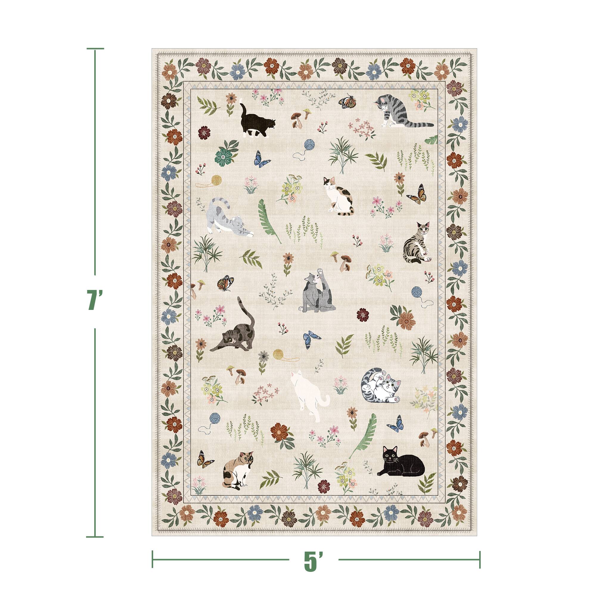Alt View 1. KERDOM - 5x7 ft Area Rug Adorable Cat Design – Medium Animal Carpet for Living Room & Playroom, Non-Slip Washable Pet Lover Gift - Beige.