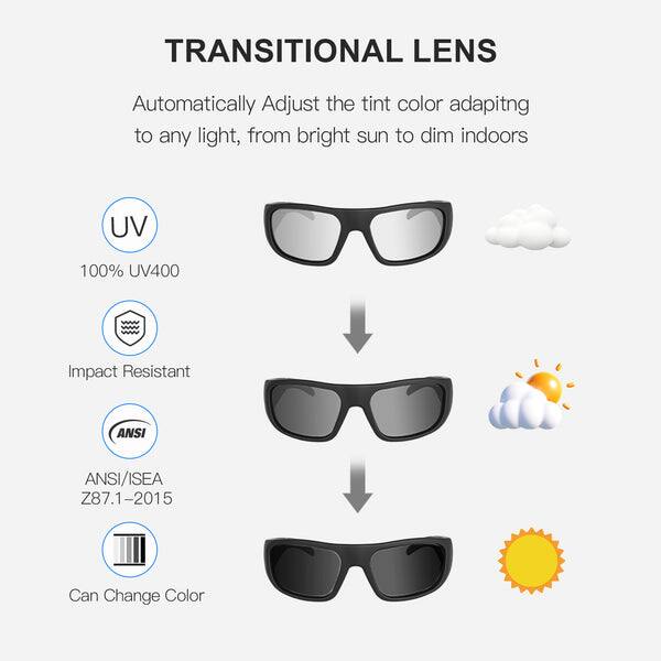 TRANSITIONAL LENS  
Automatically Adjust the tint color adapting to any light, from bright sun to dim indoors  

- UV  
100% UV400  

- Impact Resistant  

- ANSI/ISEA Z87.1-2015  

- Can Change Color