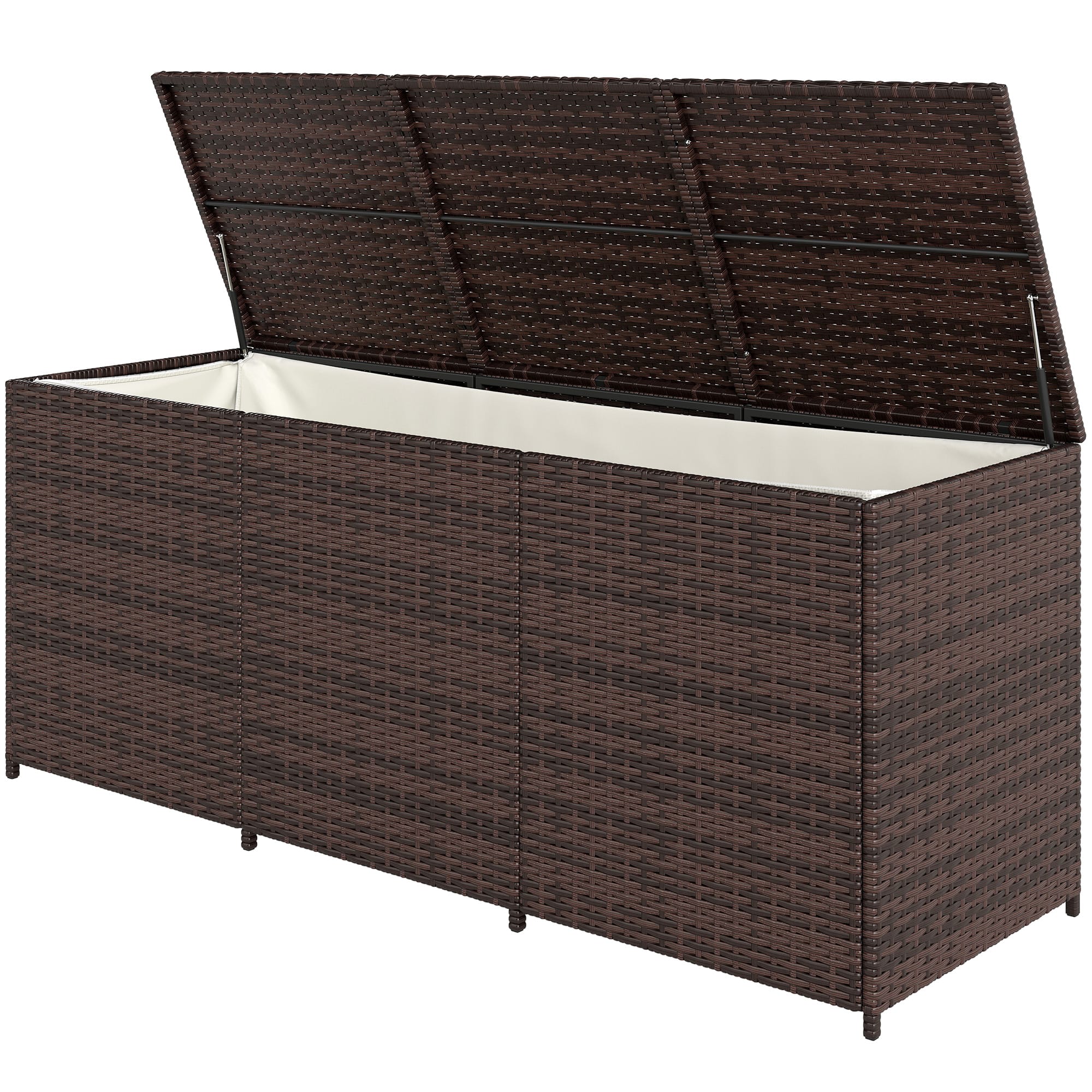 Outsunny - Gallon Outdoor Storage Box with Inner Liner, PE Rattan Wicker Deck Box with Pneumatic Bar Lift - Brown