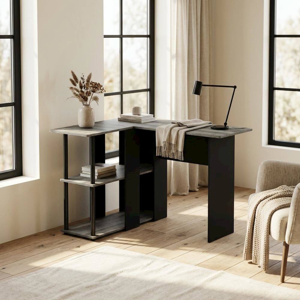 Left. BisonOffice - L-Shape Desk with Bookshelf, French Oak Grey/Black, Modern Computer Workstation - French Oak Grey/Black.