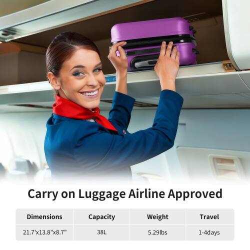 Carry on Luggage Airline Approved

Dimensions: 21.7" x 13.8" x 8.7"
Capacity: 38L
Weight: 5.29lbs
Travel: 1-4 days