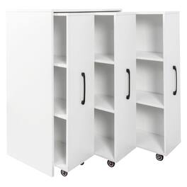 HTUTWOO - Bookcase with Three Pulled Out Doors Shelving Cabinet - 3 Tier Floor Standing FIle Cabinet with Wheels,Slide Out Storage - White