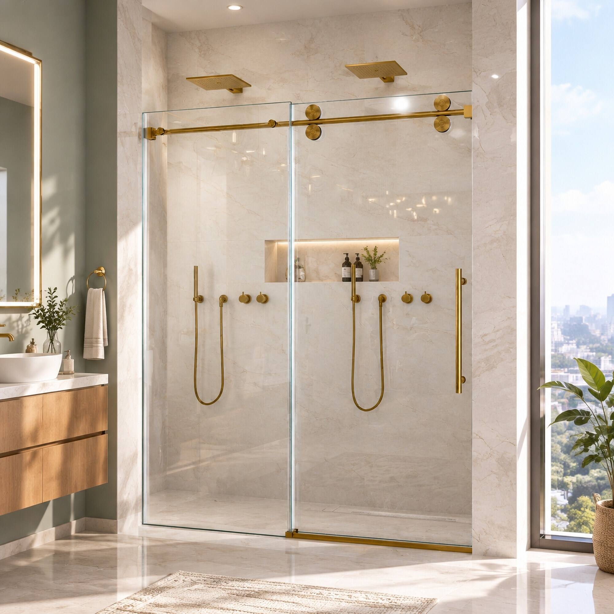Alt View 6. RYHNUYNE - 56-60 In W X 72 In H Frameless Single Sliding Shower Door, 5/16 In Clear Tempered Glass Brushed Gold Finish - Brushed Gold.