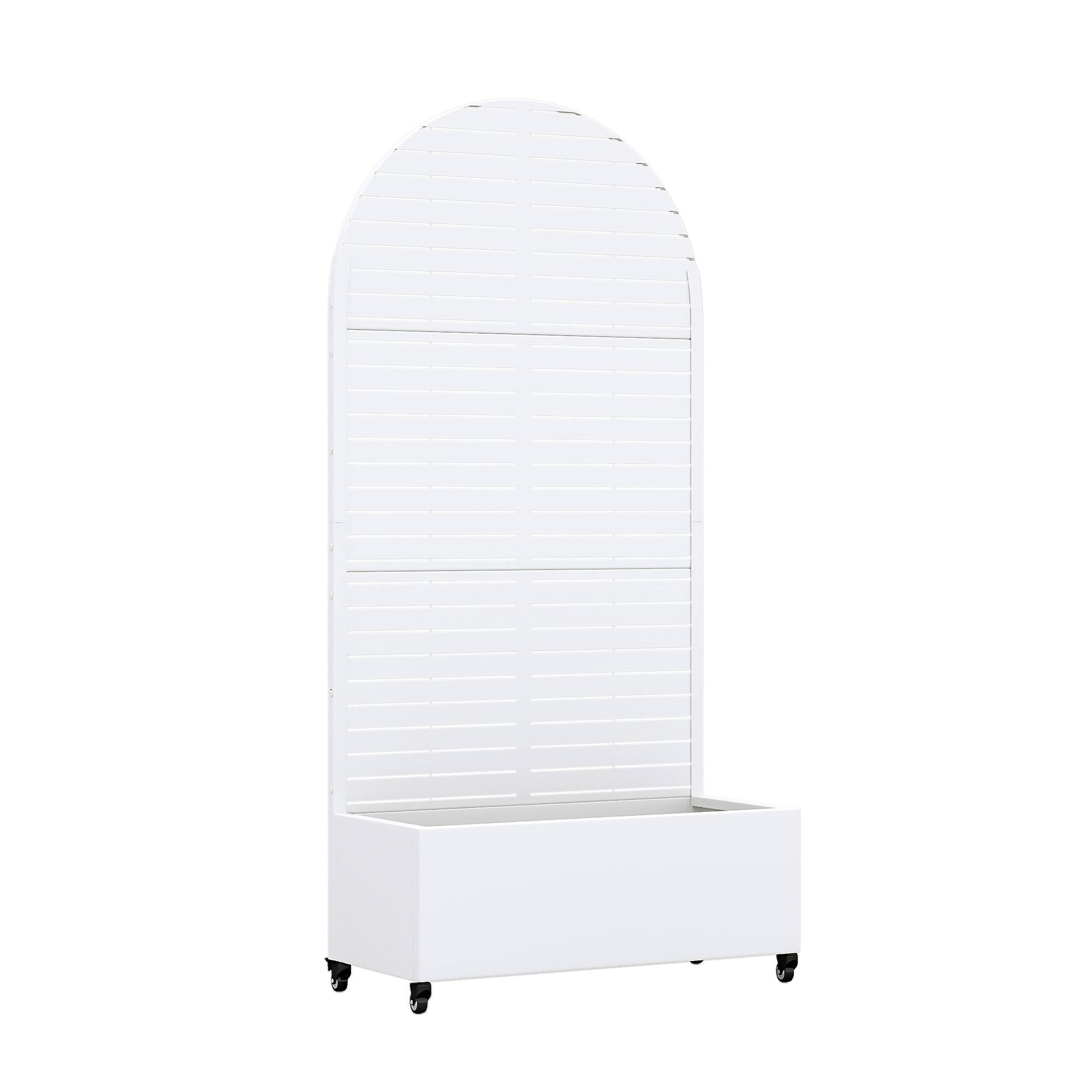 Angle. PexFix - 72 in. H x 35 in. W Louvered Pattern Arch Metal Planter Box Raised Garden Beds with Trellis-Ideal for Balcony - White.