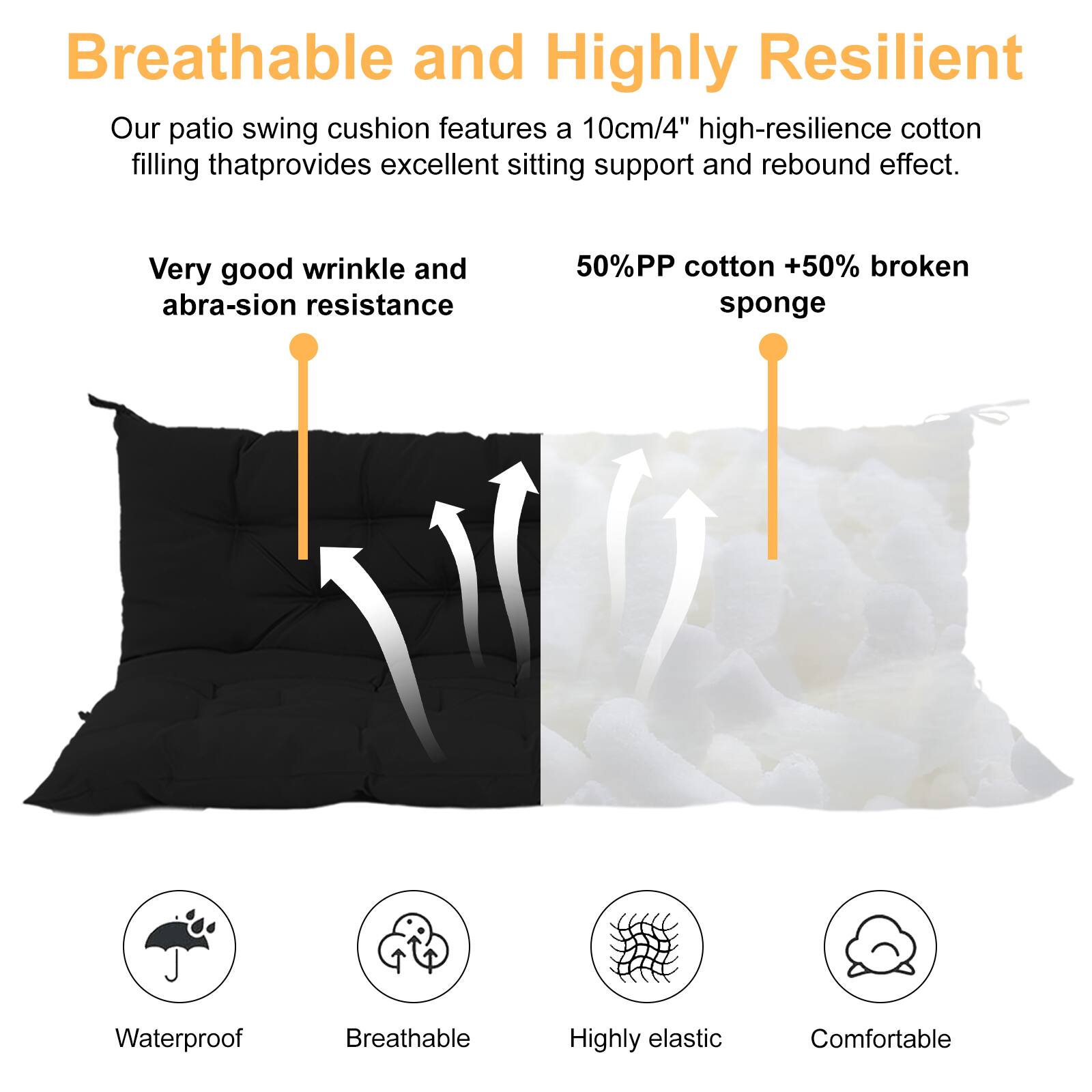 Breathable and Highly Resilient

Our patio swing cushion features a 10cm/4" high-resilience cotton filling that provides excellent sitting support and rebound effect.

Very good wrinkle and abrasion resistance

50% PP cotton + 50% broken sponge

Waterproof  
Breathable  
Highly elastic  
Comfortable