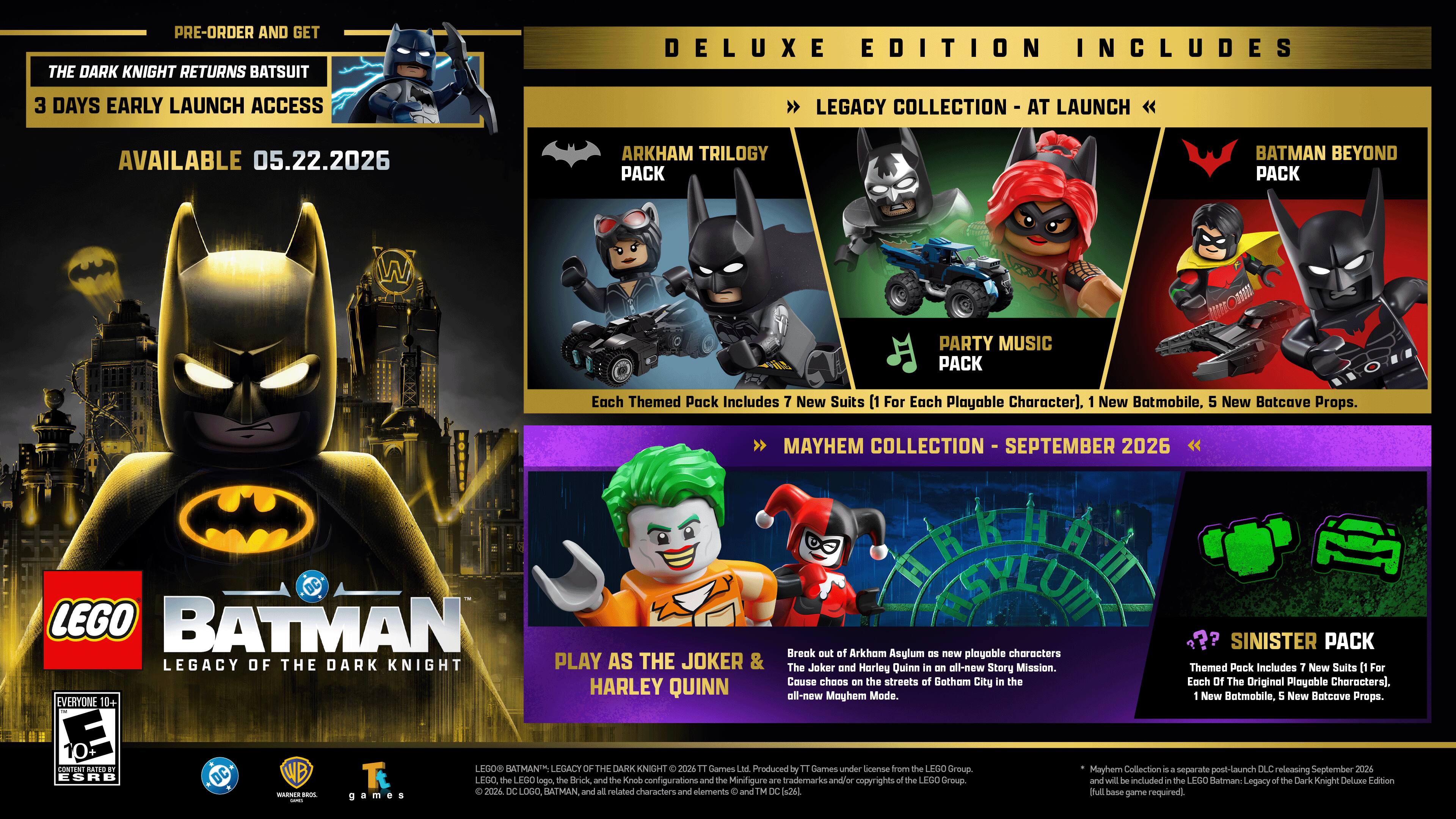 PRE-ORDER AND GET THE DARK KNIGHT RETURNS BATSUIT DELUXE EDITION INCLUDES 3 DAYS EARLY LAUNCH ACCESS LEGACY COLLECTION AT LAUNCH AVAILABLE 05.22.2026

ARKHAM TRILOGY PACK
BATMAN BEYOND PACK
PARTY MUSIC PACK

Each Themed Pack Includes 7 New Suits (1 For Each Playable Character), 1 New Batmobile, 5 New Batcave Props.

MAYHEM COLLECTION - SEPTEMBER 2026

BRAKHAM ASYLUM
SINISTER PACK

Break out of Arkham Asylum new playable characters

LEGACY OF THE DARK KNIGHT
PLAY AS THE JOKER & HARLEY QUINN
all-new Story Mission.
Themed Pack Includes New Suits For Course choose the streets of Gotham City the Each Of The Original Playable Characters).

HARLEY QUINN won-lo Mayhem Mode.
New Batmobile, New Batcave Props.

EVERYONE 10+
10+ CONTINUES

LEGO BATMAN: LEGACY OF THE DARK KNIGHT 2026
Clames Ltd. Produced Clames under license from the LEGO Group
Mayhem