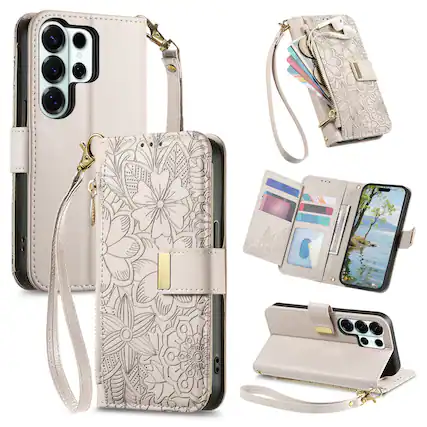 Front. UUCOVER - Floral PU Leather Wallet Case for Samsung Galaxy S26 Ultra with Zipper Pocket, Cash Card Slot, Shoulder & Wrist Strap - Beige.