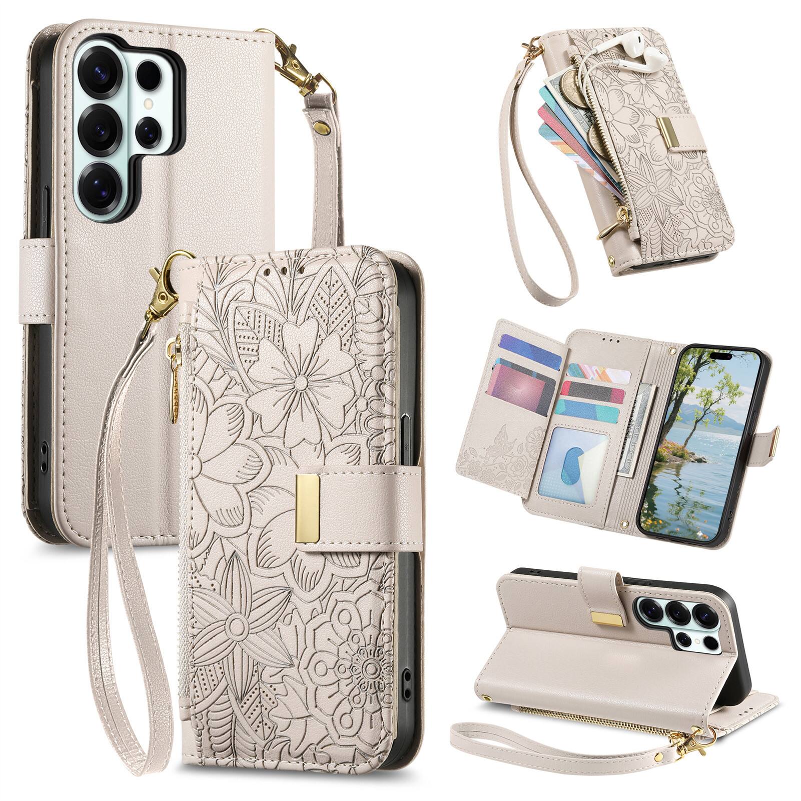 Front. UUCOVER - Floral PU Leather Wallet Case for Samsung Galaxy S26 Ultra with Zipper Pocket, Cash Card Slot, Shoulder & Wrist Strap - Beige.