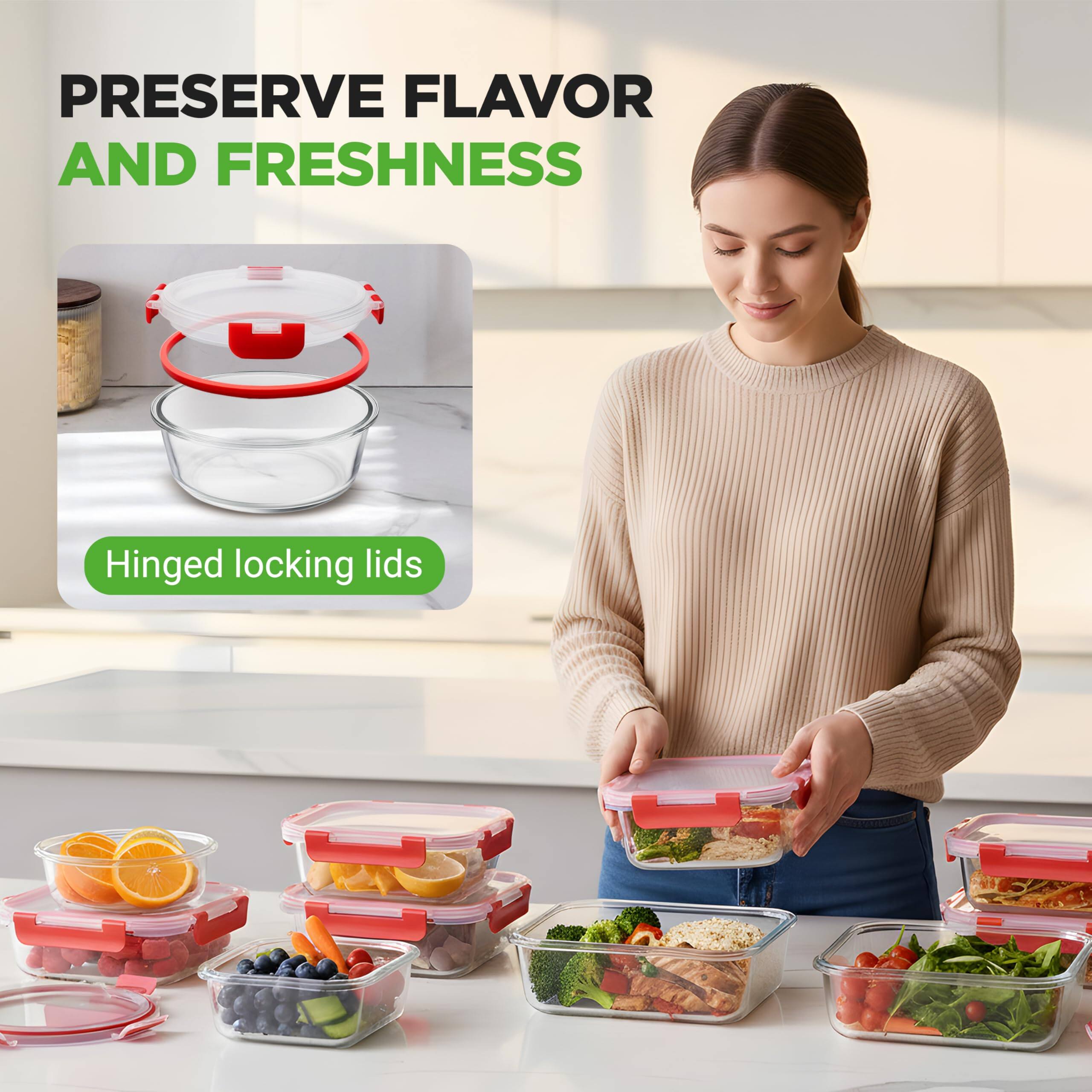 PRESERVE FLAVOR AND FRESHNESS  
Hinged locking lids
