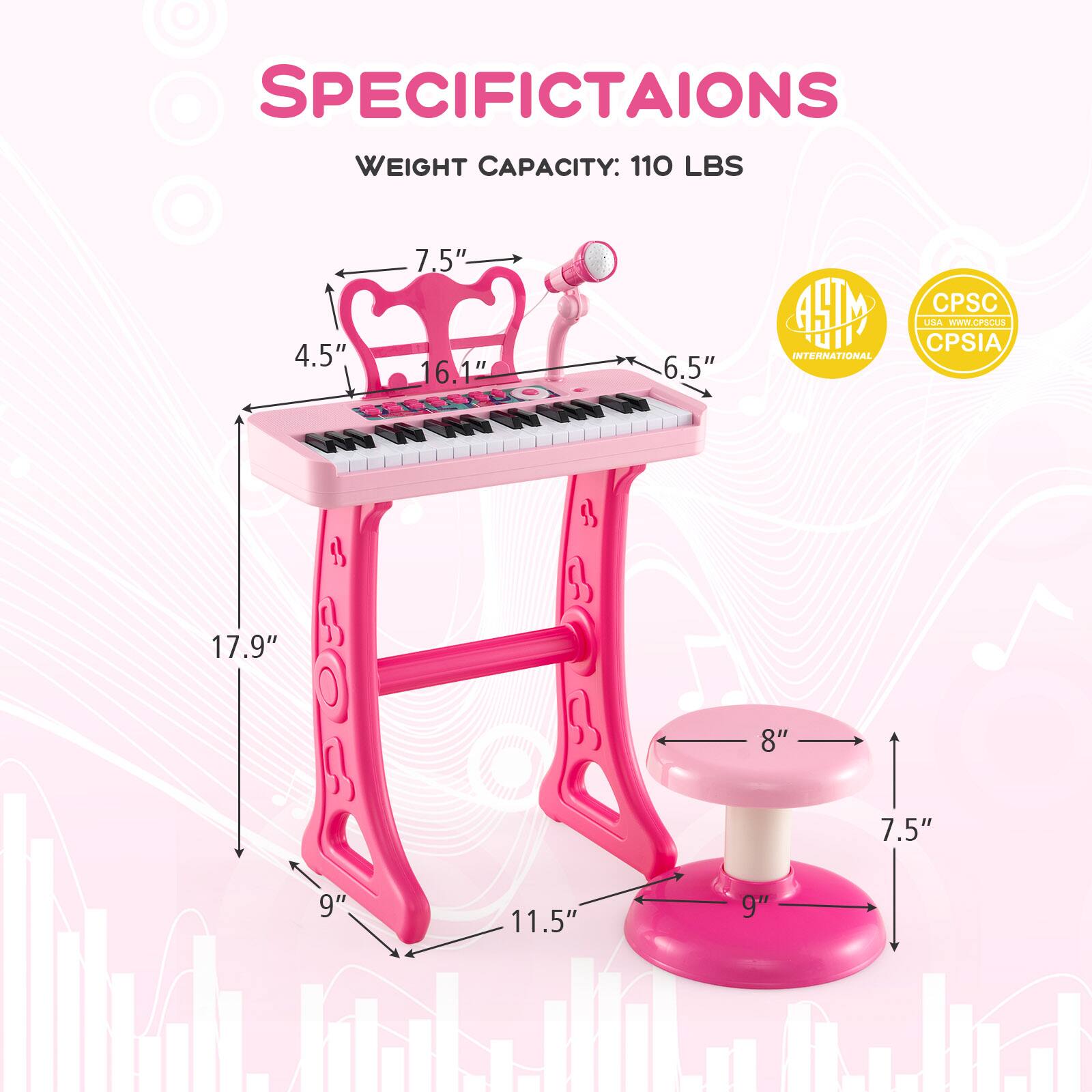 Specifications Weight Capacity: 110 LBS 4.5" 7.5" 16.1" 6.5" HM International UI CPSC LPLA BWW [www.CPSQUS](http://www.CPSQUS) CPSIA S $ 17.9" 8" 7.5" 9" 11.5" 9"
