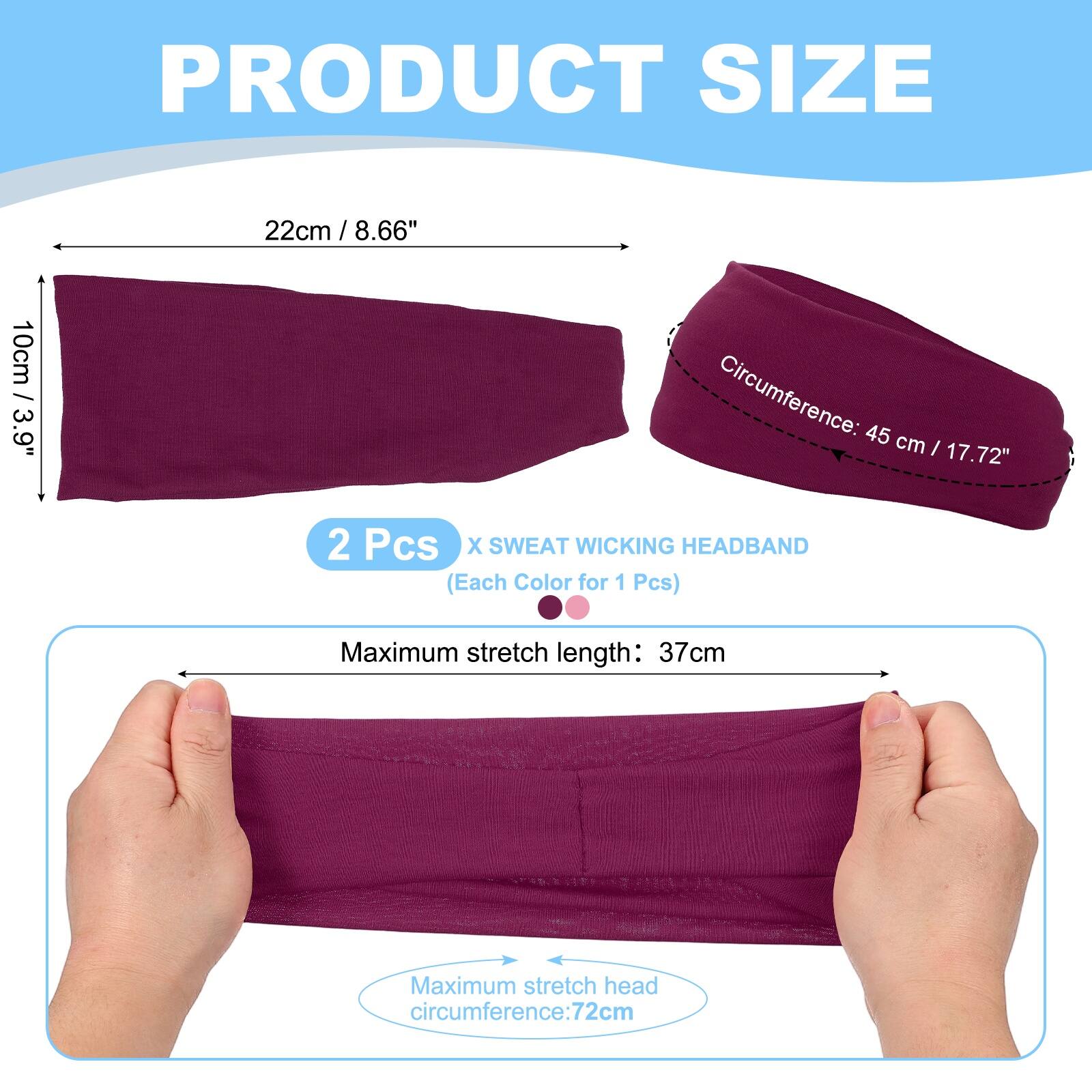 PRODUCT SIZE

22cm / 8.66"  
10cm / 3.9"  
Circumference: 45 cm / 17.72"  

2 Pcs X SWEAT WICKING HEADBAND (Each Color for 1 Pcs)  

Maximum stretch length: 37cm  
Maximum stretch head circumference: 72cm