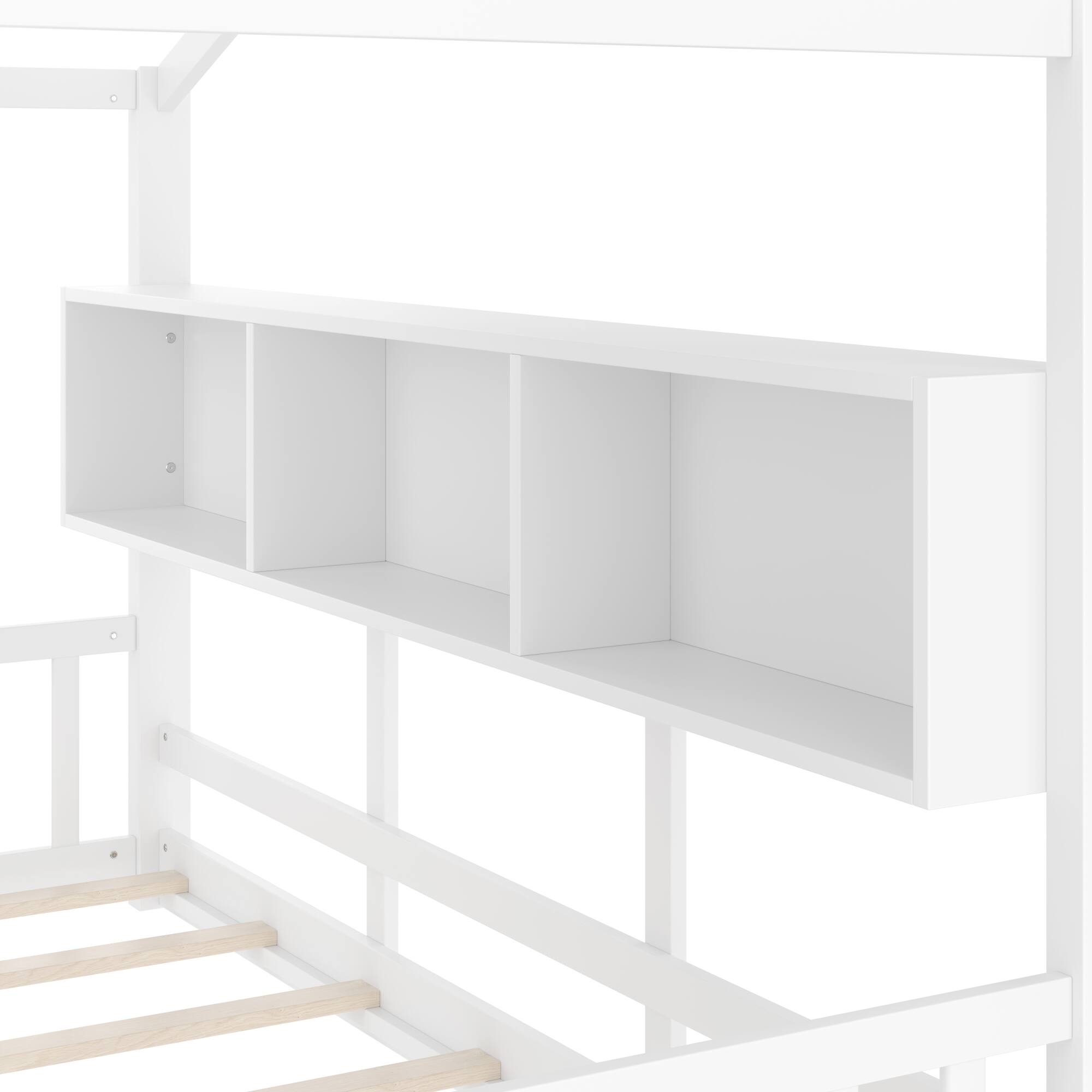 Alt View 4. GOODSILO - Montessori Floor House Bed for Toddlers with Storage Shelf and Playhouse Roof Design - White.