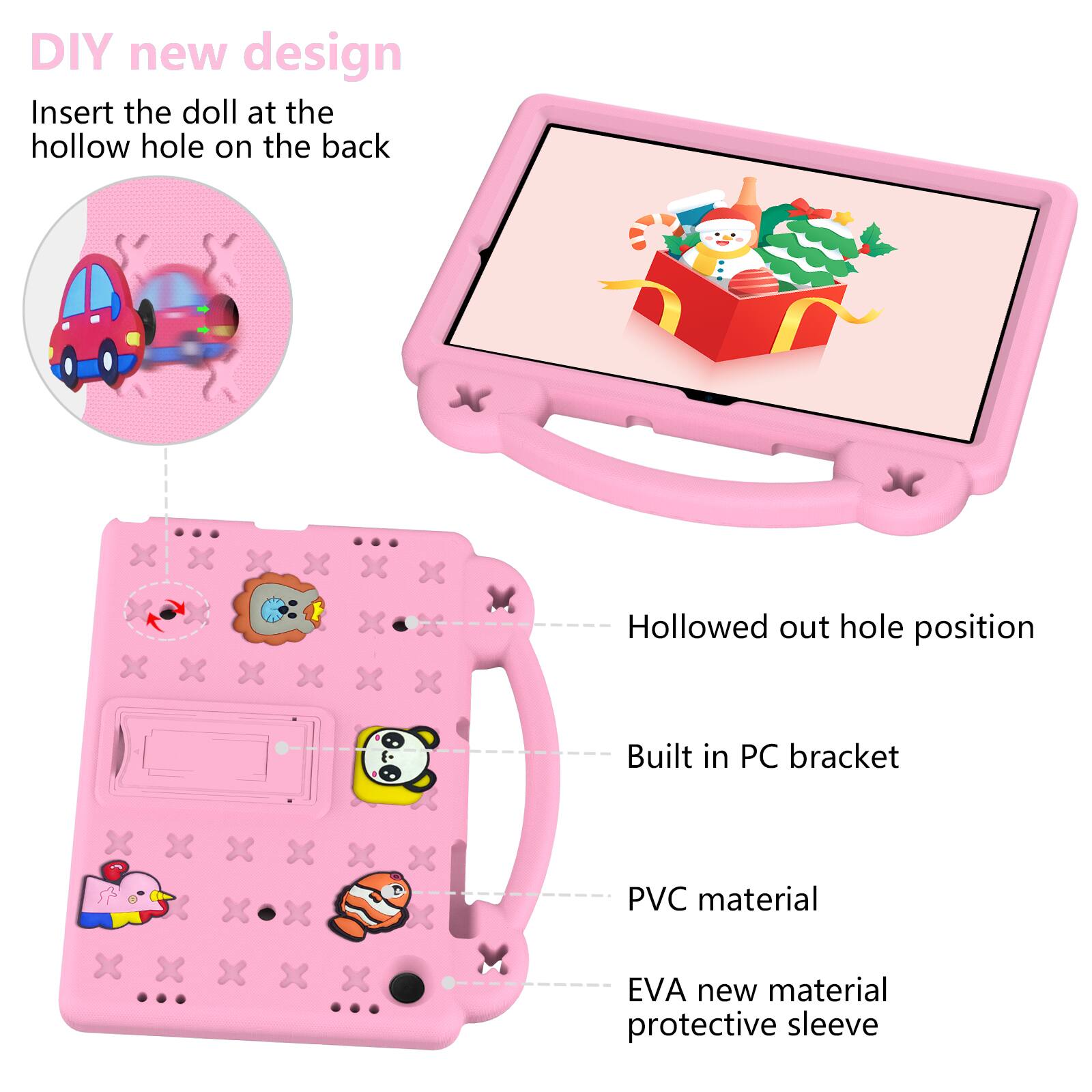 DIY new design  
Insert the doll at the hollow hole on the back  

- Hollowed out hole position  
- Built in PC bracket  
- PVC material  
- EVA new material protective sleeve