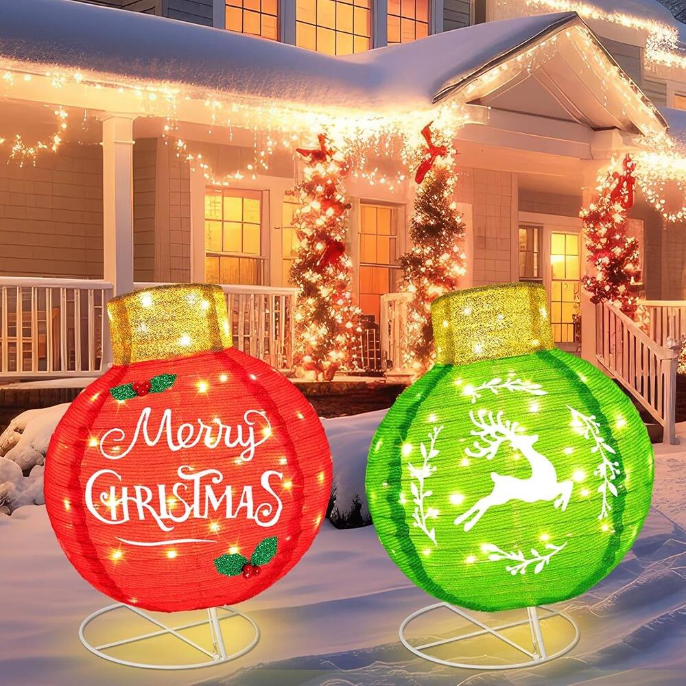 RTMB - 2-Pack Pop-Up Christmas Ball Ornaments, Lighted w/ Base, Green/Red Reindeer - green,red
