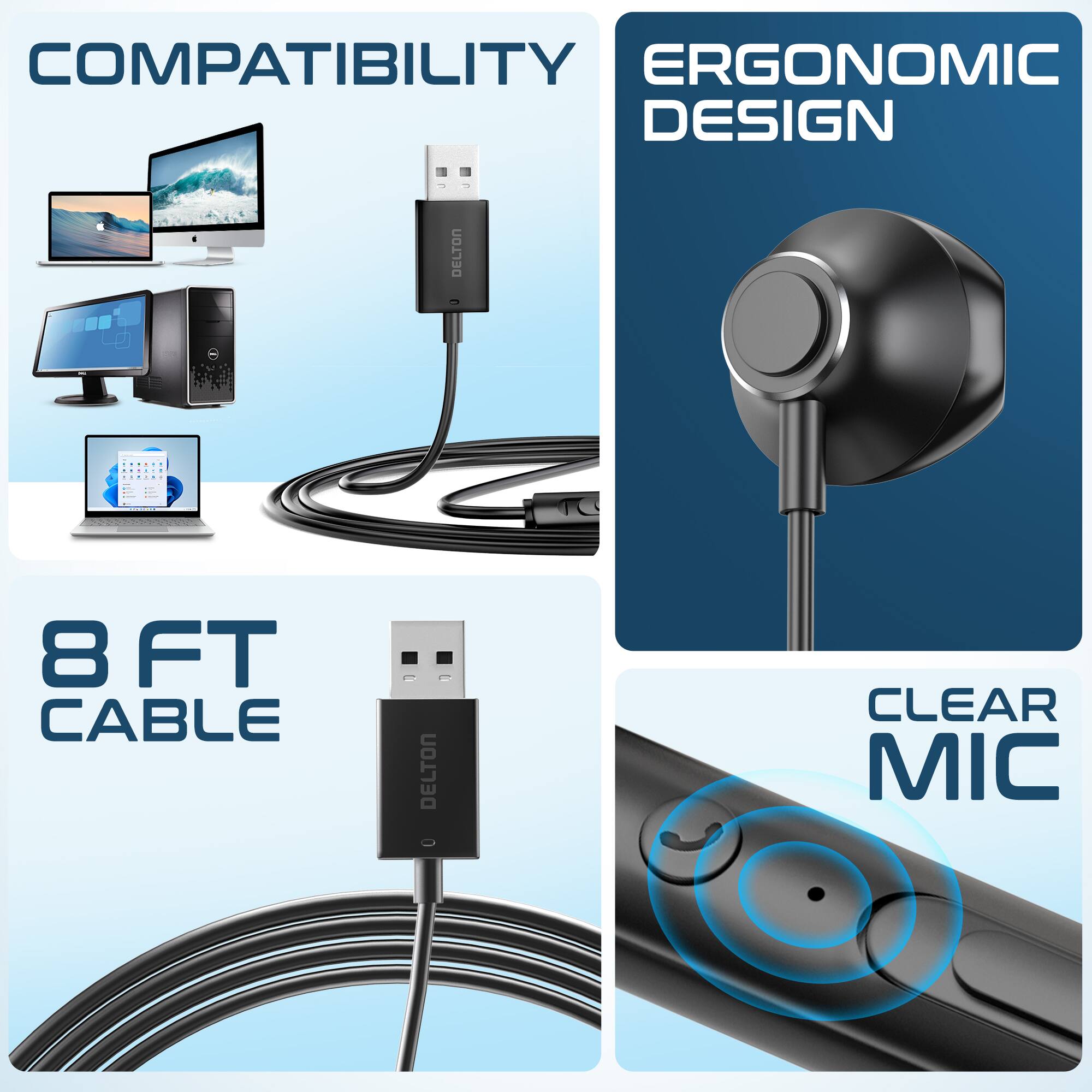 COMPATIBILITY, ERGONOMIC DESIGN, 8 FT CABLE, CLEAR MIC