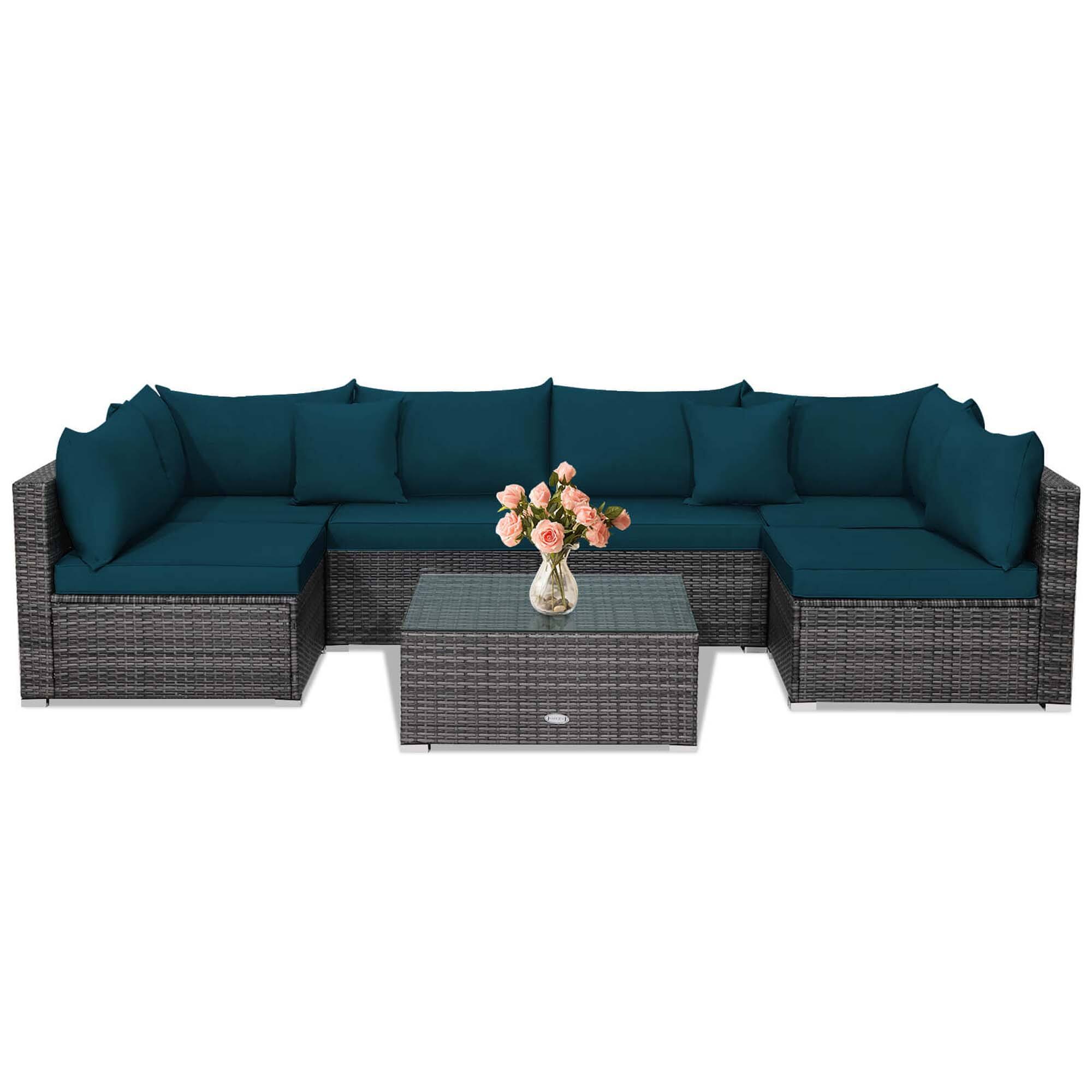 Alt View 10. Costway - 7PCS Patio Rattan Furniture Set Sectional Sofa Cushioned Garden Peacock - Peacock Blue.