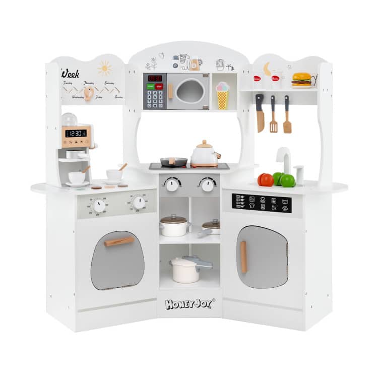 SlickBlue - Wooden Corner Play Kitchen with Built-In Coffee Maker and Slide for Kids - White