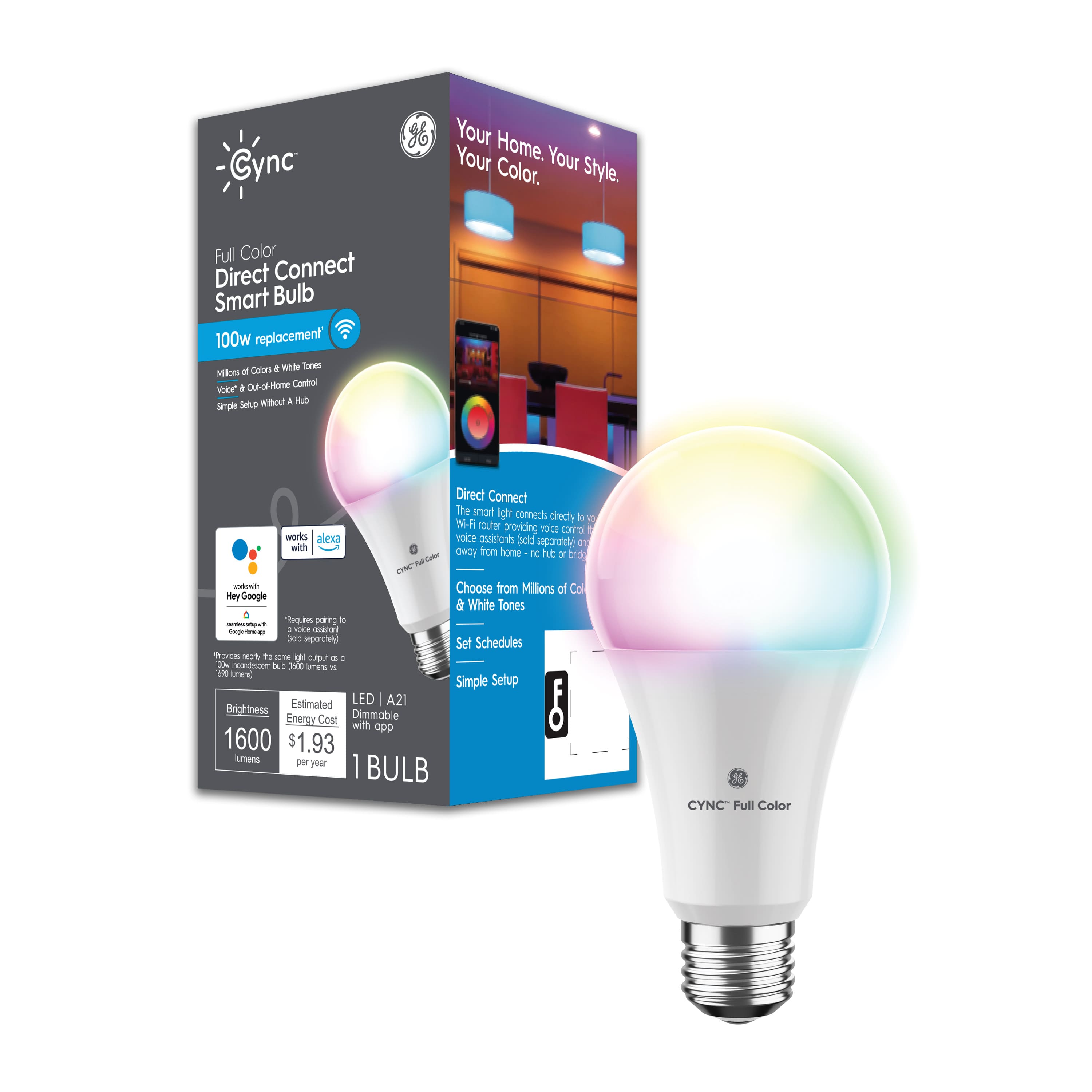 Cync - A21 Smart LED Light Bulbs (1 Pack) - Color Changing - Full Color