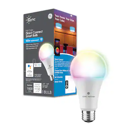 Cync
Your Home. Your Color. Your Style.
Full Color Direct Connect Smart Bulb
100w replacement
Millions of Colors & White Tones
Voice "Ok-Home Control"
Works with Alexa & Google Assistant
Simple Setup Without a Hub
Direct Connect
Wi-Fi router connects directly to the light, no hub required
Works away from home - no router needed
Choose from Millions of Colors & White Tones
Set Schedules
Simple Setup
LED A21
Brightness: 1600 lumens
Dimmable
Estimated Energy Cost: $1.93 per year
1 BULB
CYNC® Full Color