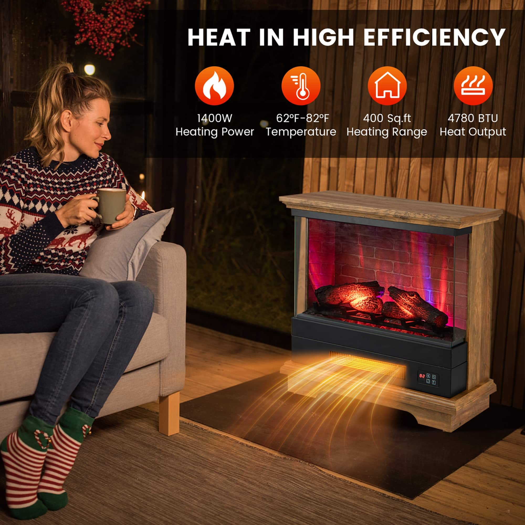 HEAT IN HIGH EFFICIENCY
1400W
Heating Power
62°F-82°F
Temperature
400 Sq.ft
Heating Range
4780 BTU
Heat Output