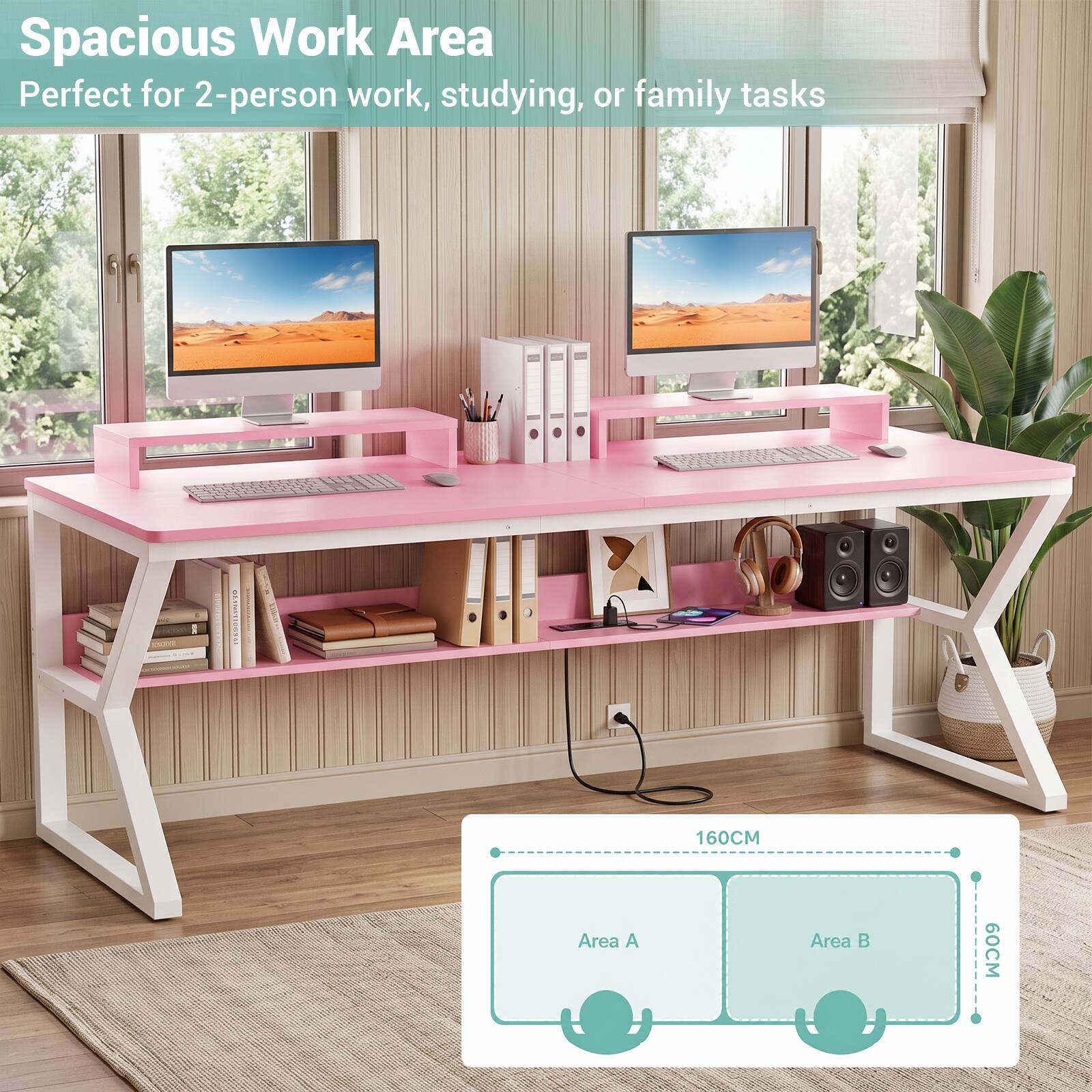 Spacious Work Area  
Perfect for 2-person work, studying, or family tasks  

1500  
ANNO  
160CM  
Area A  
Area B  
60CM