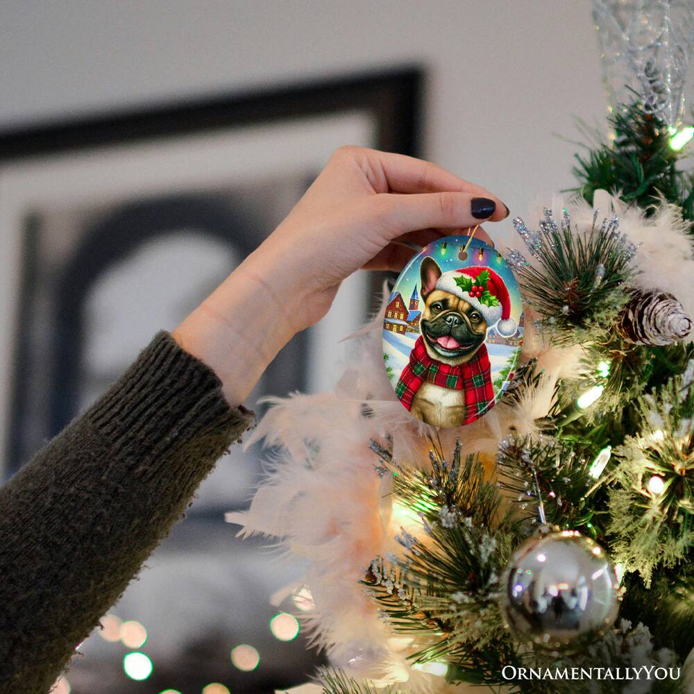 Alt View 1. OrnamentallyYou - Frosty French Bulldog Ornament Charming Pup Decoration for Magical Christmas Oval Version - Multi-colored.