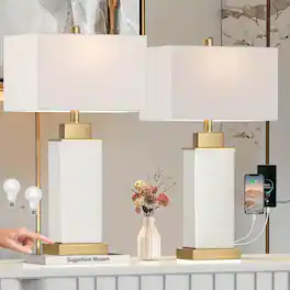 Akoasm - Touch Control Table Lamps Set of 2, Modern White Bedside Lamp with USB C+A Ports for Living Room Bedroom