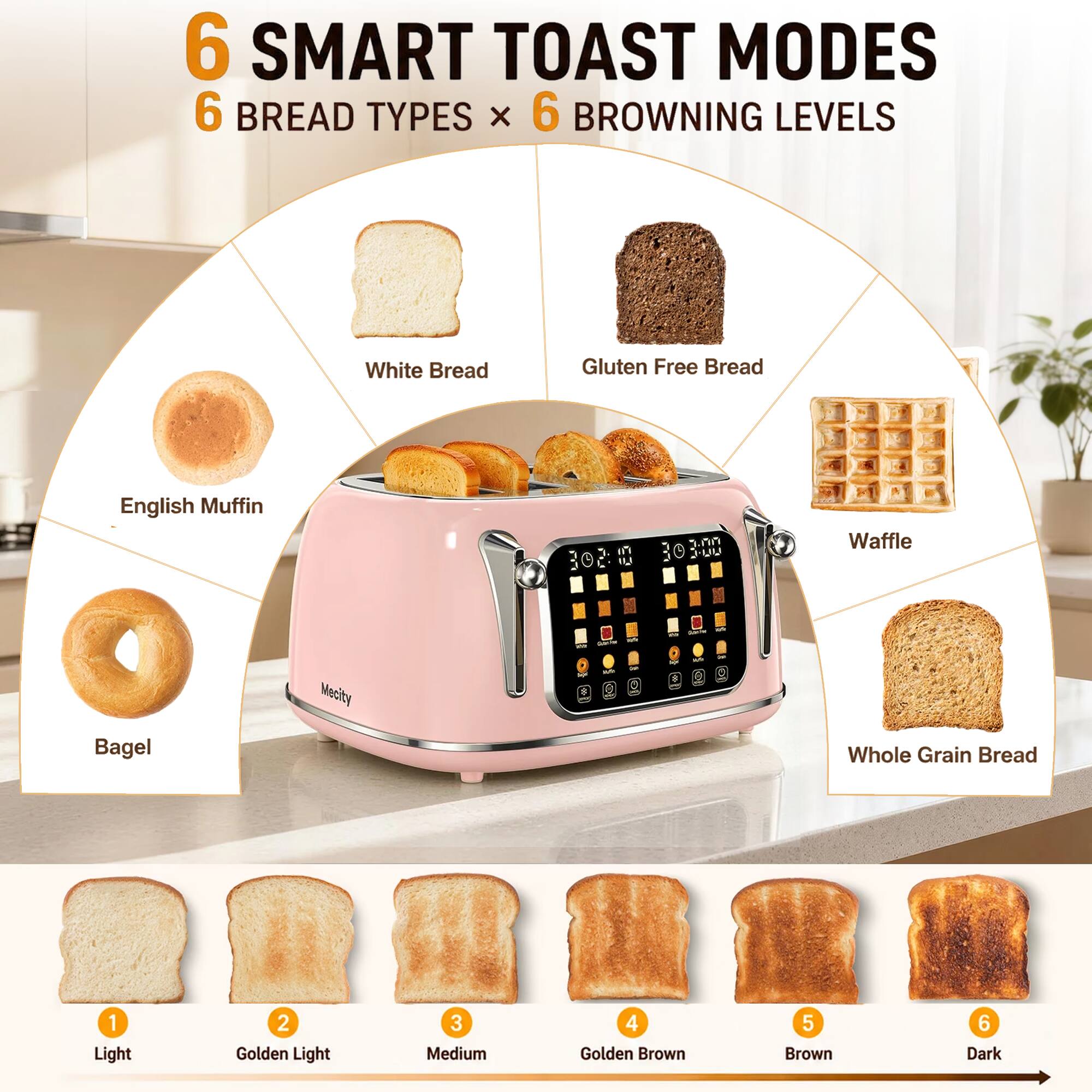6 SMART TOAST MODES  
6 BREAD TYPES x 6 BROWNING LEVELS

- White Bread
- Gluten Free Bread
- English Muffin
- Bagel
- Waffle
- Whole Grain Bread

Browning Levels:
1. Light
2. Golden Light
3. Medium
4. Golden Brown
5. Brown
6. Dark