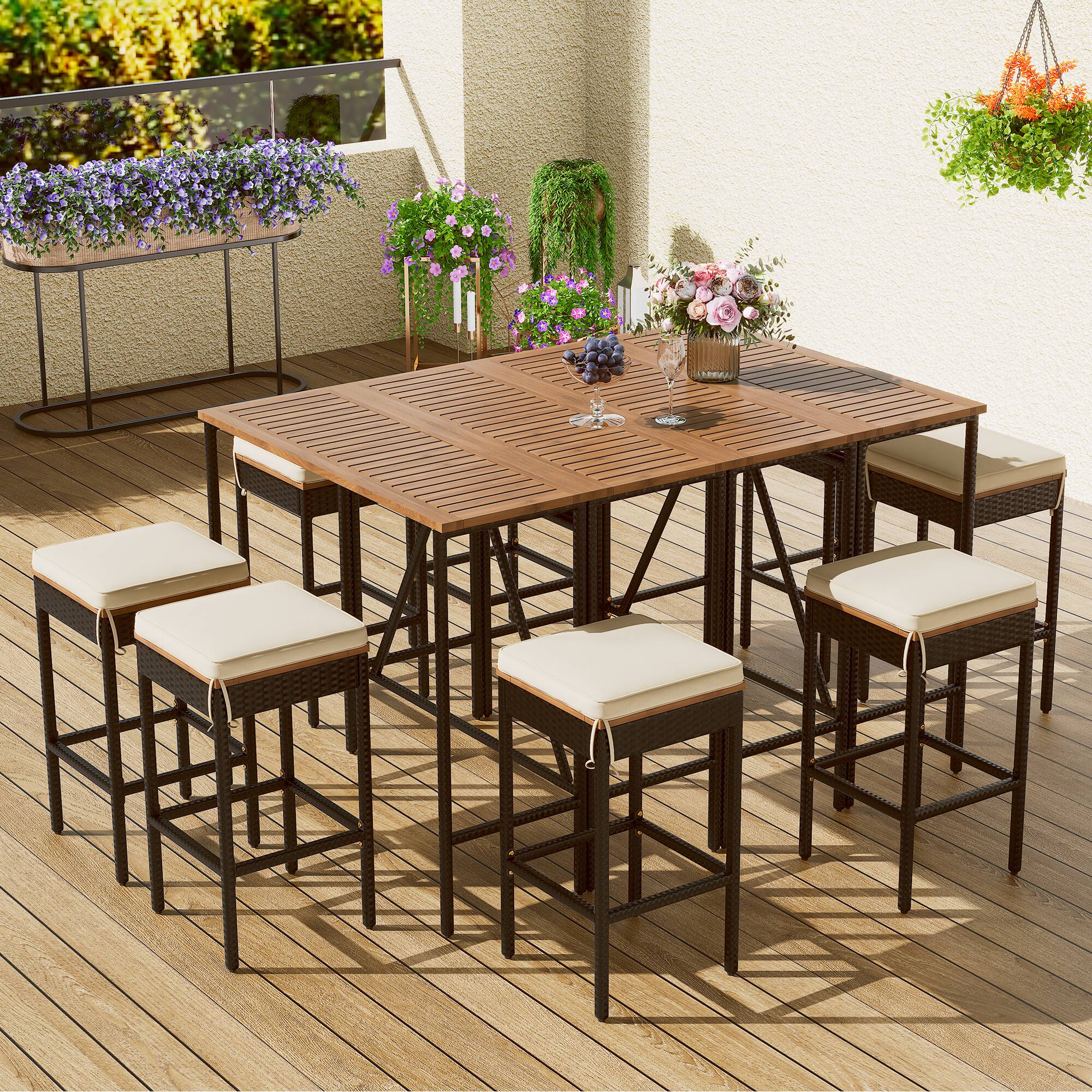 Left. Mondawe - 10-Piece Outdoor Acacia Wood PE Rattan Wicker Bar Height Table And Eight Stools With Cushions - Brown.