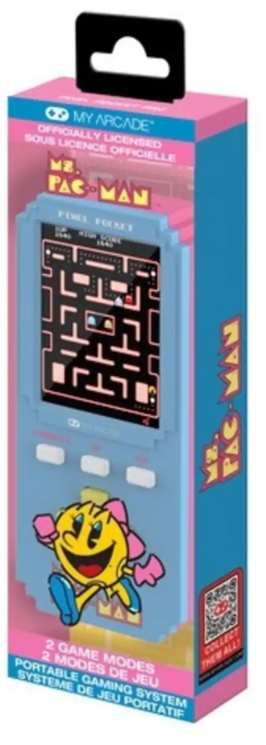 MY ARCADE  
OFFICIALLY LICENSED  
SOUS LICENCE OFFICIELLE  

MZ PAC-MAN  
FISSEL POCKET  

2 GAME MODES  
2 MODES DE JEU  
PORTABLE GAMING SYSTEM  
SYSTÈME DE JEU PORTATIF  

COLLECT ALL!