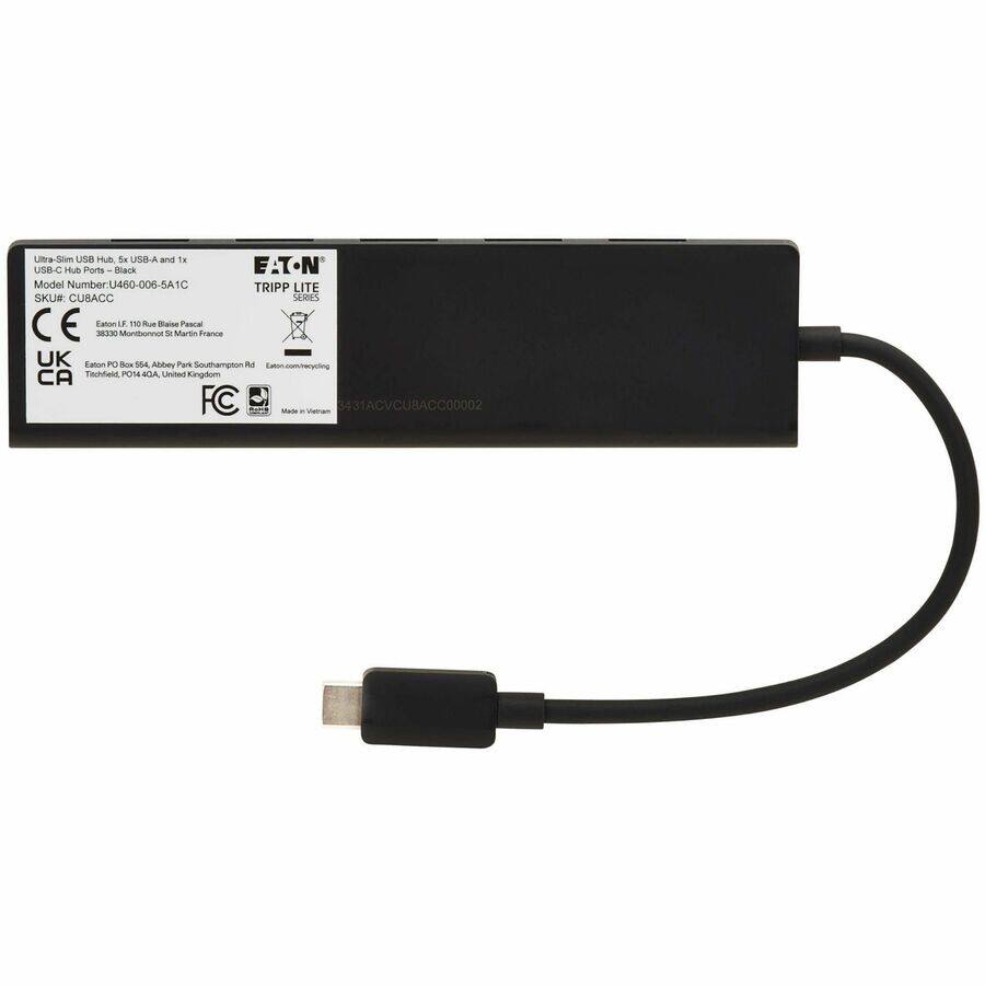 Ultra-Slim USB Hub, 5 x USB-A and 1 x USB-C Hub Ports - Black  
Model Number: U460-006-5A1C  
SKU: CUBACC  
SERIES: CUBACC  

EATON  
TRIPP LITE  

CE  
UK  
CA  
FC  

Eaton 16 Rue Blaise Pascal  
38330 Montbonnot-Saint Martin France  

Eaton PO Box 54, Abbey Park Southamption  
Titchfield, PO14 4QA United Kingdom  

Made in Vietnam  

3431ACVCUBACC00002