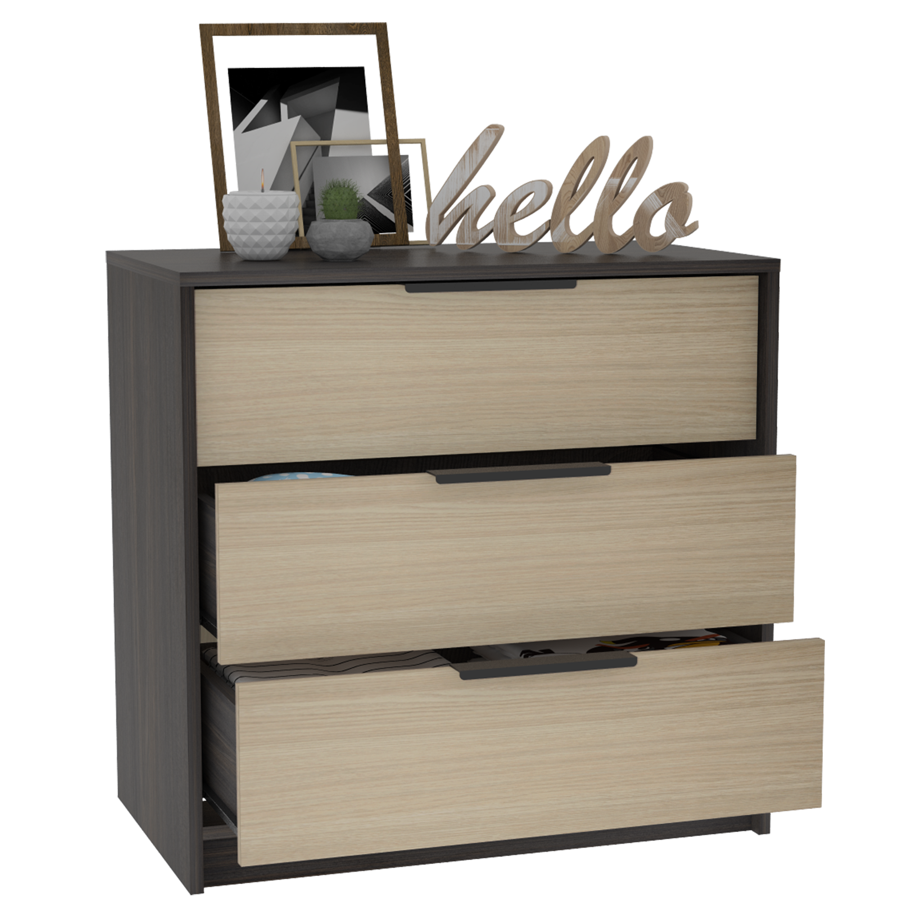 Alt View 4. TuHome - Kaia 3 Drawers Dresser, Superior Top - Black / Pine.