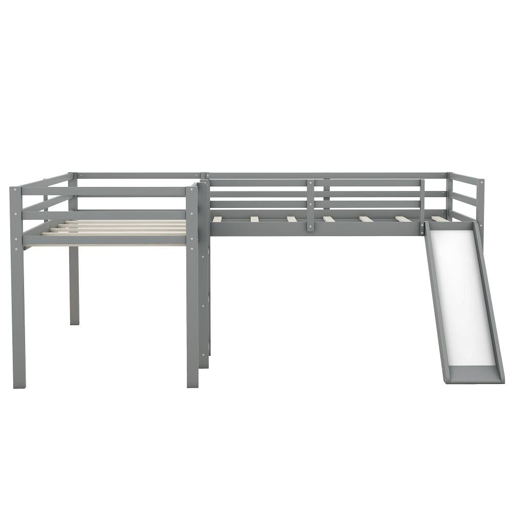 Alt View 3. Loheer - Loheer L-Shaped Twin Loft Bed with Slide and Ladder, Corner Loft Bed Frame for Kids, Solid Pine Wood, Gray - Gray.
