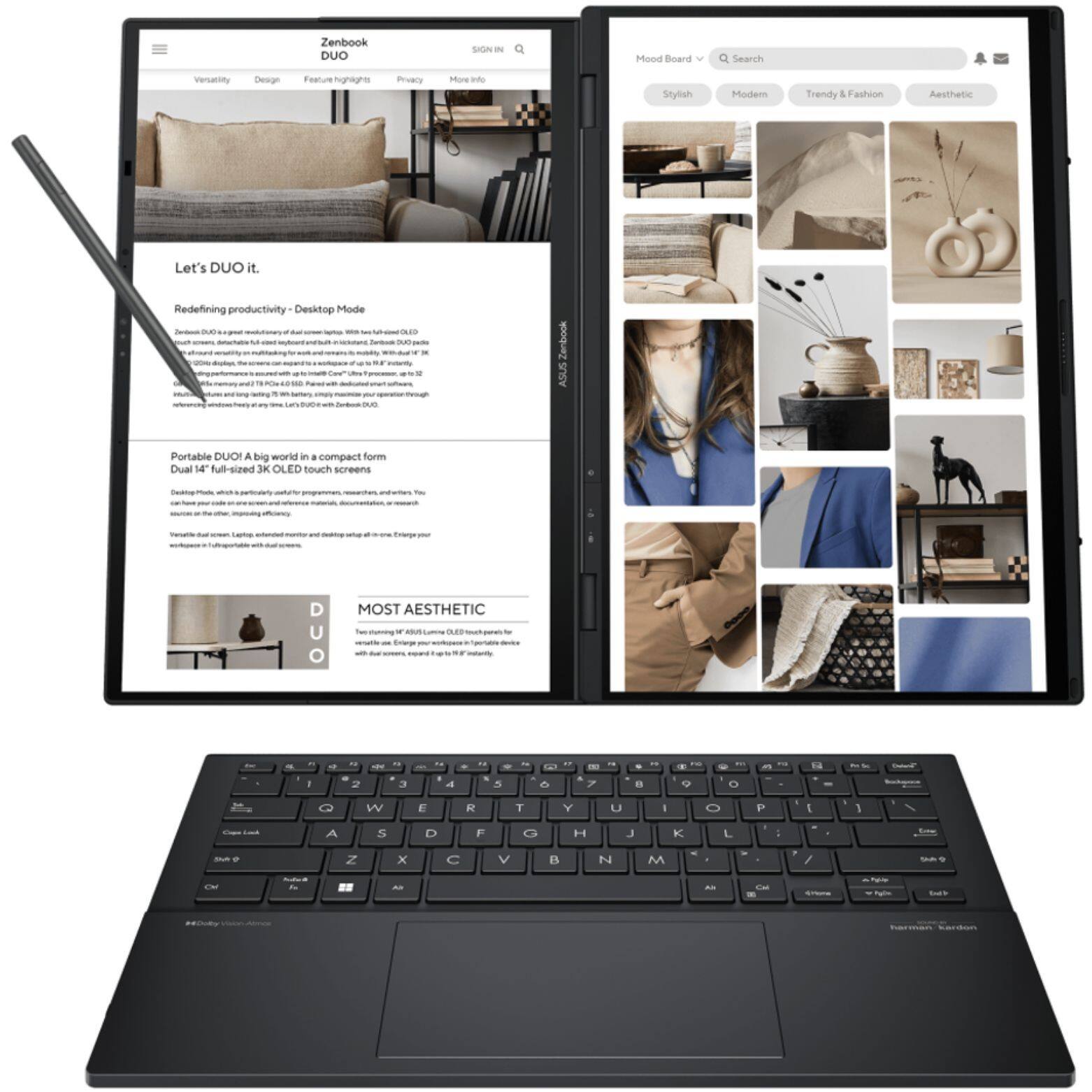 Zenbook DUO SAst I Hond Board Search versanity Design Feature hignagnas Proaly noe att Stylish Modemn Trendy & Fashion Aesthetic Let's DUO it. Redefining productivity Desktop Mode - - - - - - -eo - - - - -+ - . - - ! R Zerbook ASUS Portable DUO A big world - . compact form Dual 14 fut-sized 3K OLED touch screens DUO MOST AESTHETIC i DEs - - I - .. - 2 - a a .. . 5 E  -. 7   --  - . O L4 - O W E R T Y U I O P I 1 / A S D F G H J K L : - Z x C V B N M / -- - - A - - i