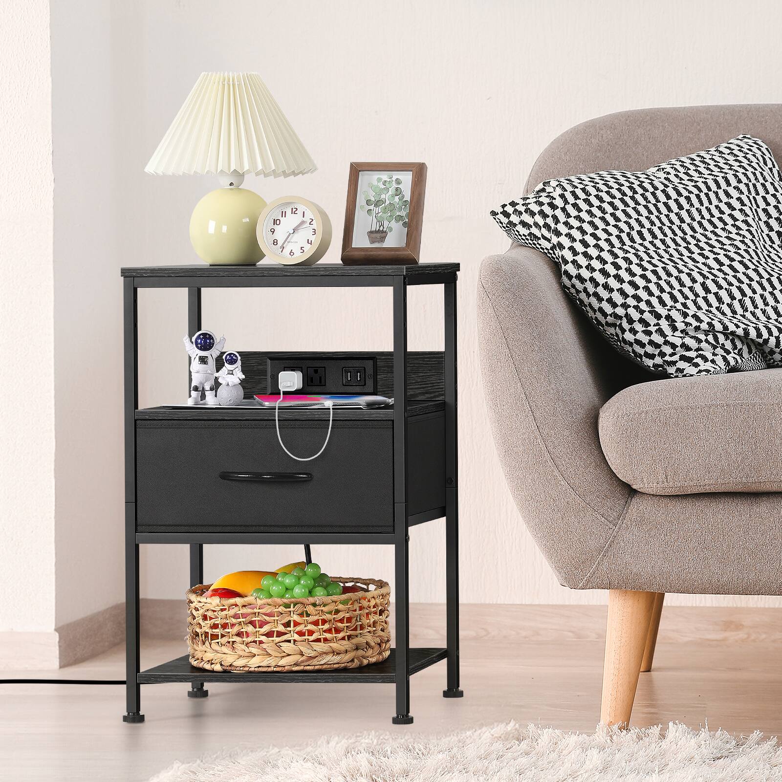 Alt View 2. Oumilen - Set of 2 Nightstands with Charging Station – Black Wood End Table with 1 Fabric Drawer & Open Shelf, AC/USB - Black.