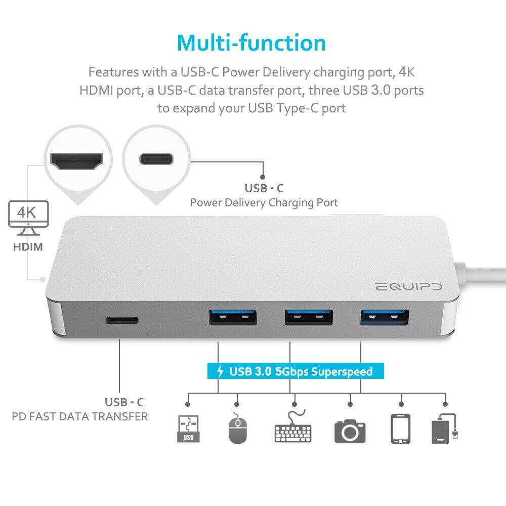 Multi-function Features with a USB-C Power Delivery charging port, 4K HDMI port, a USB-C data transfer port, and three USB 3.0 ports to expand your USB Type-C port.

- 4K HDMI
- USB-C Power Delivery Charging Port
- USB-C PD FAST DATA TRANSFER
- USB 3.0 5Gbps Superspeed