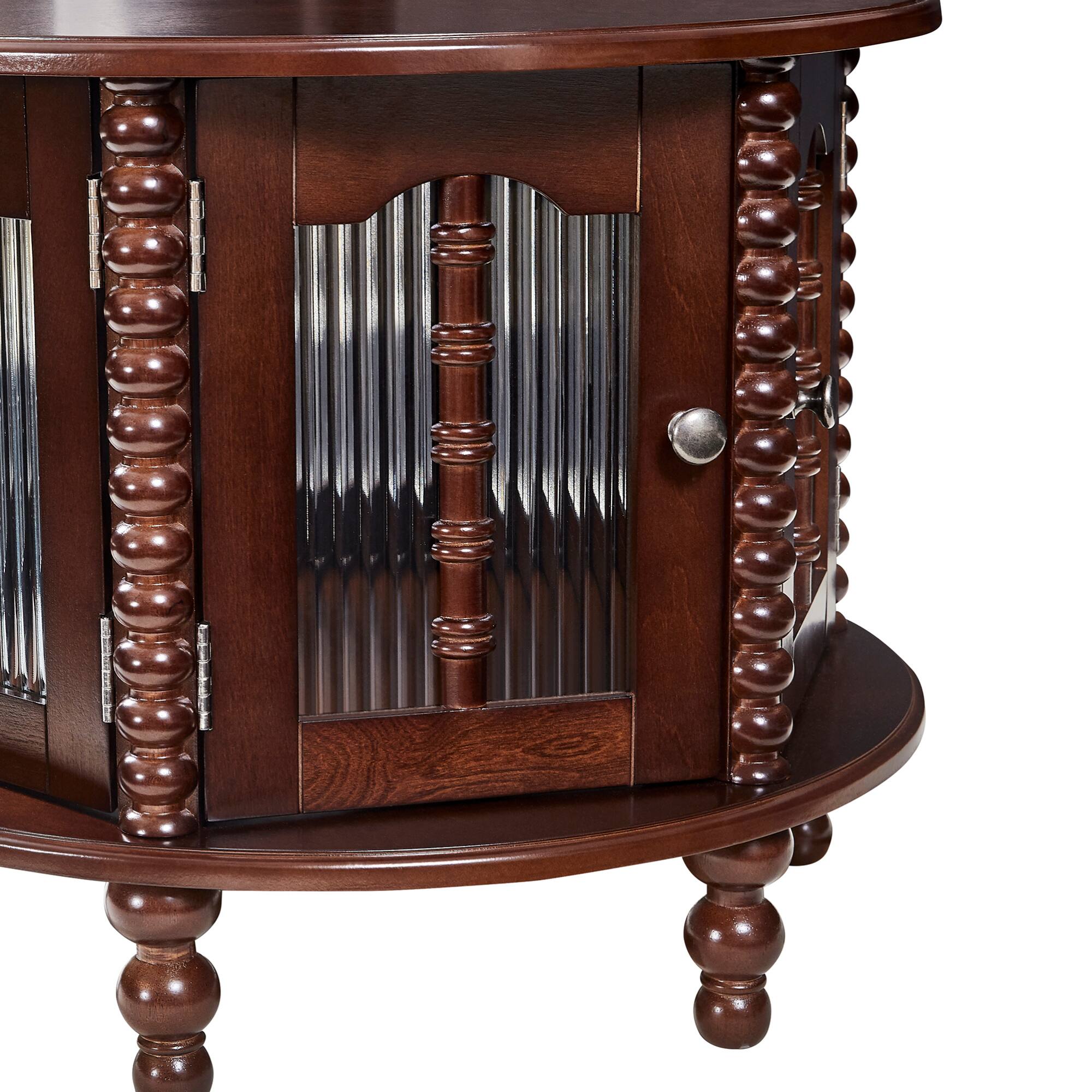 Alt View 9. GOODSILO - Vintage Round Nesting Coffee Table with Bamboo-Shaped Glass Doors and Retro Beaded Legs - Walnut.